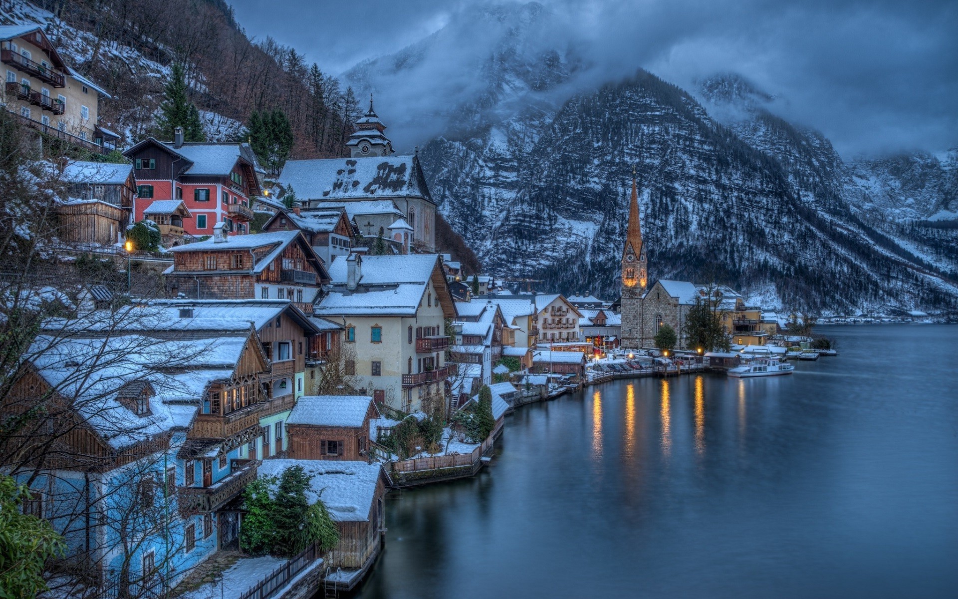 1920x1200 city, Mountain, Mist, Sea, Overcast, Snow, Winter, Austria, Hallstatt, Lake  Wallpapers HD / Desktop and Mobile Backgrounds