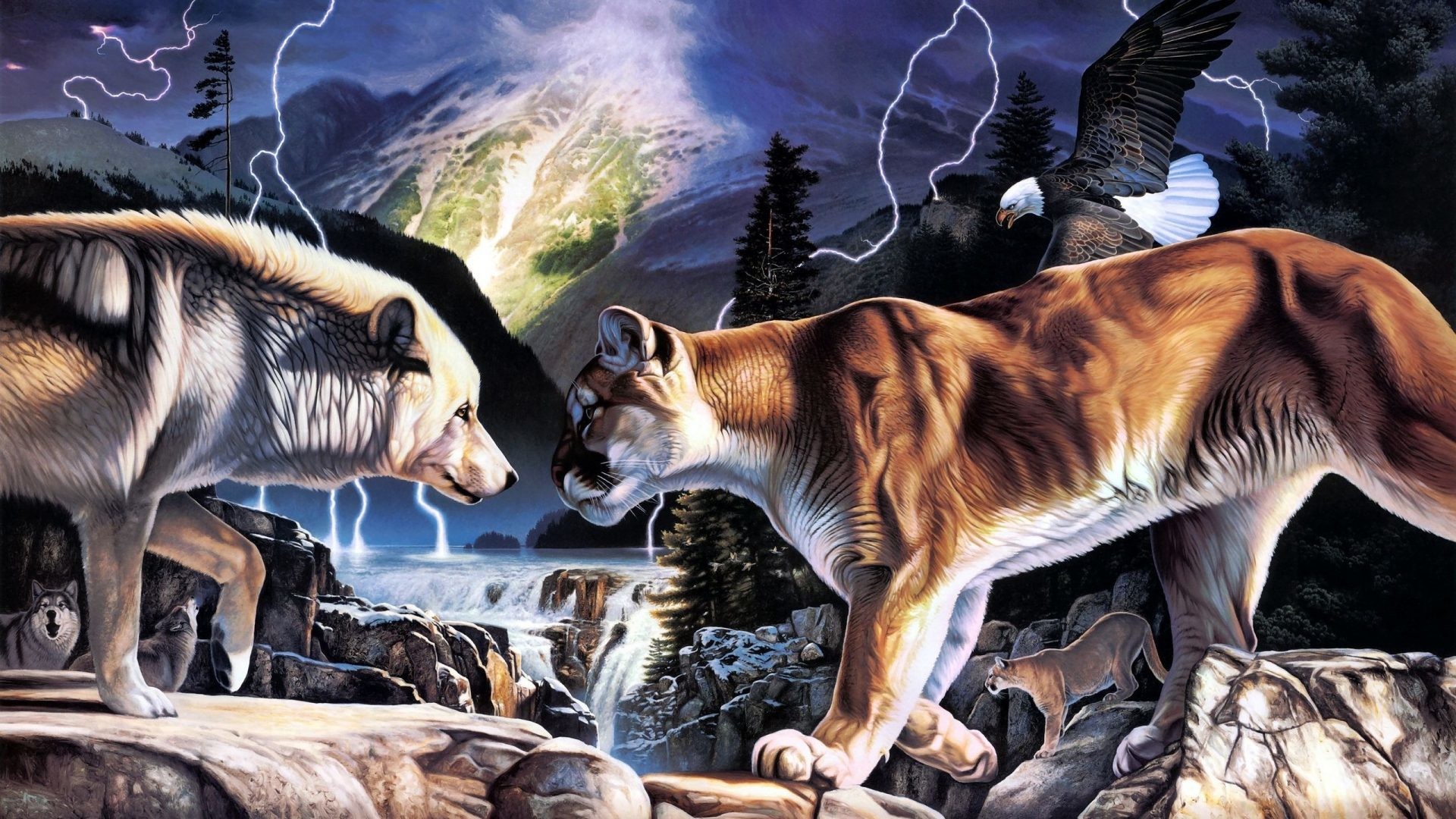 1920x1080 Animals - Paintings Animals Rivers Mountain Lion Waterfall Lightning Art  Predator Daniel Artistic Wolf Pierce Detail