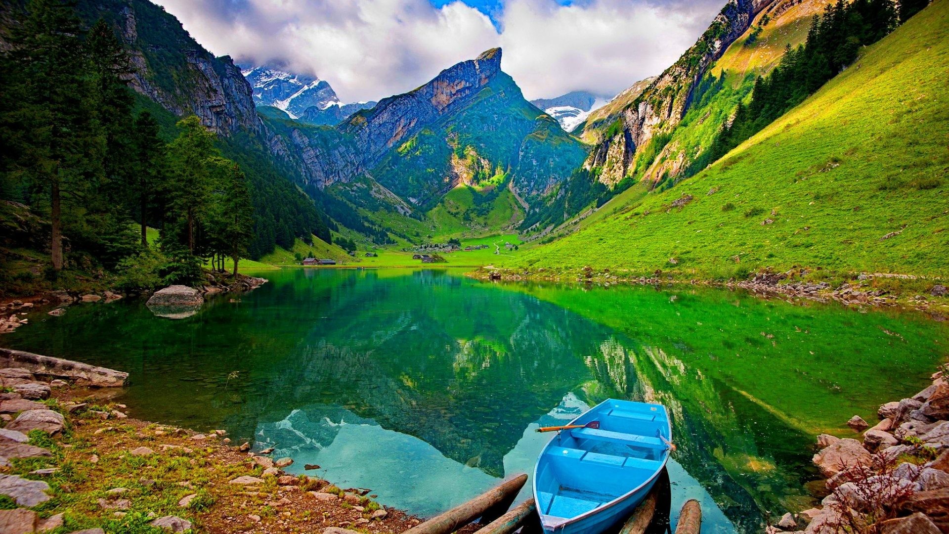 1920x1080 Lakes - Lonely Boat Mountain Lake Hills Emerald Grass Slopes Clear  Lakeshore Sky Nice Summer Nature