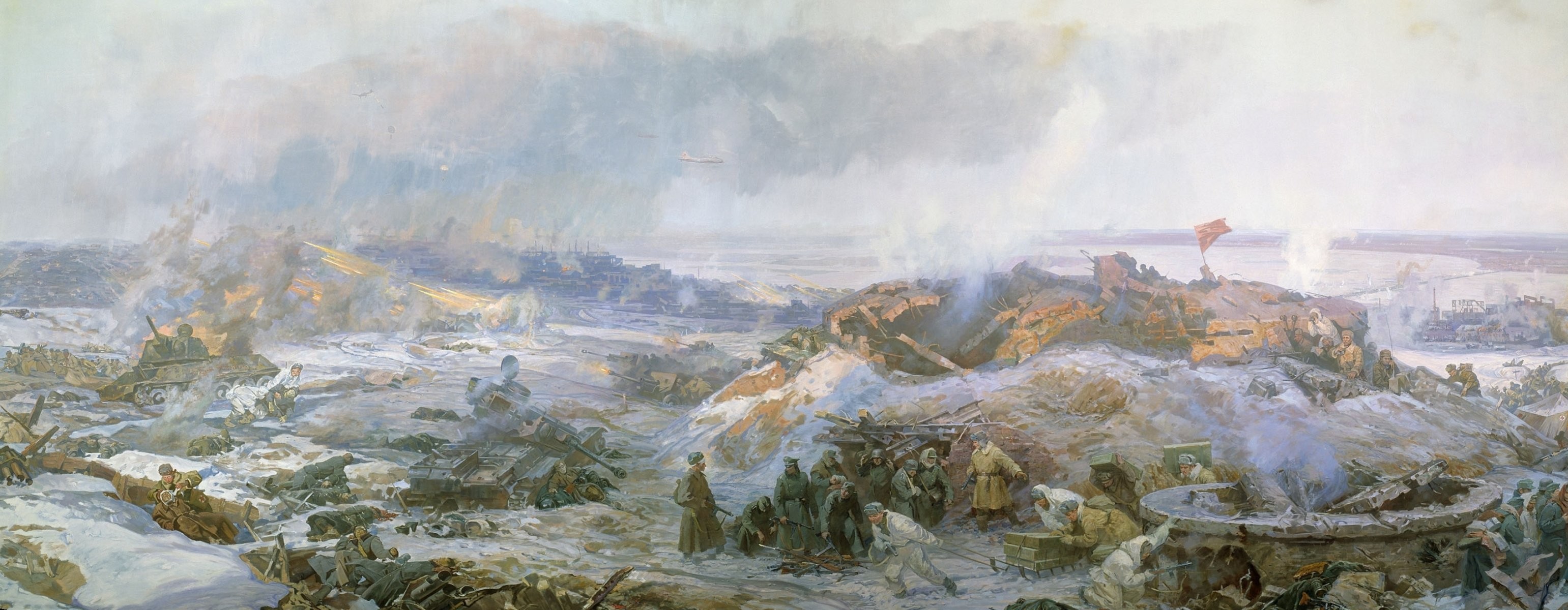 3082x1200 painting pattern stalingrad winter smoke ruins men infantry the great  patriotic war