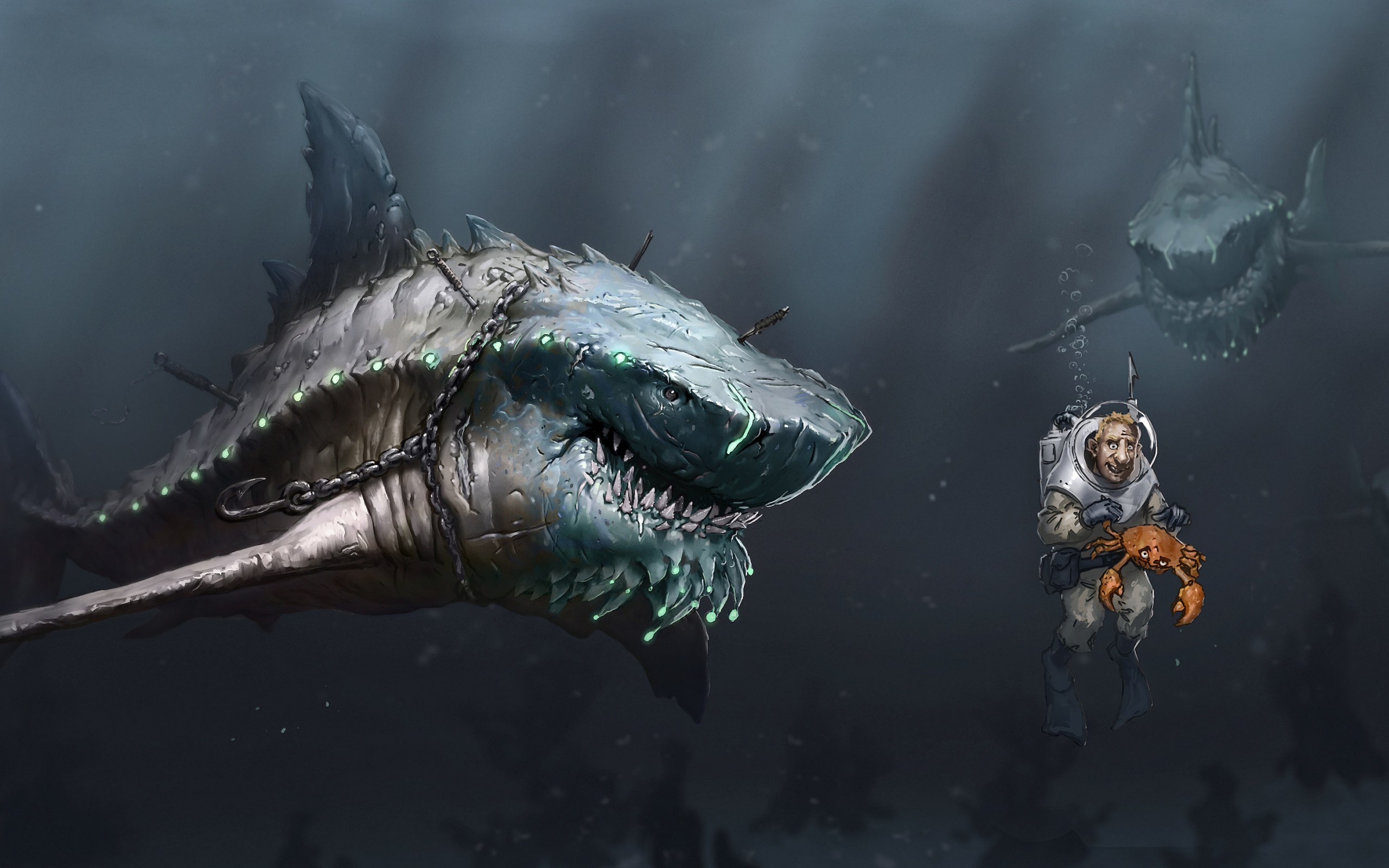 2560x1600 Art sea underwater sharks Megalodon predators starvation people scuba crab  chain hook sci-fi dark