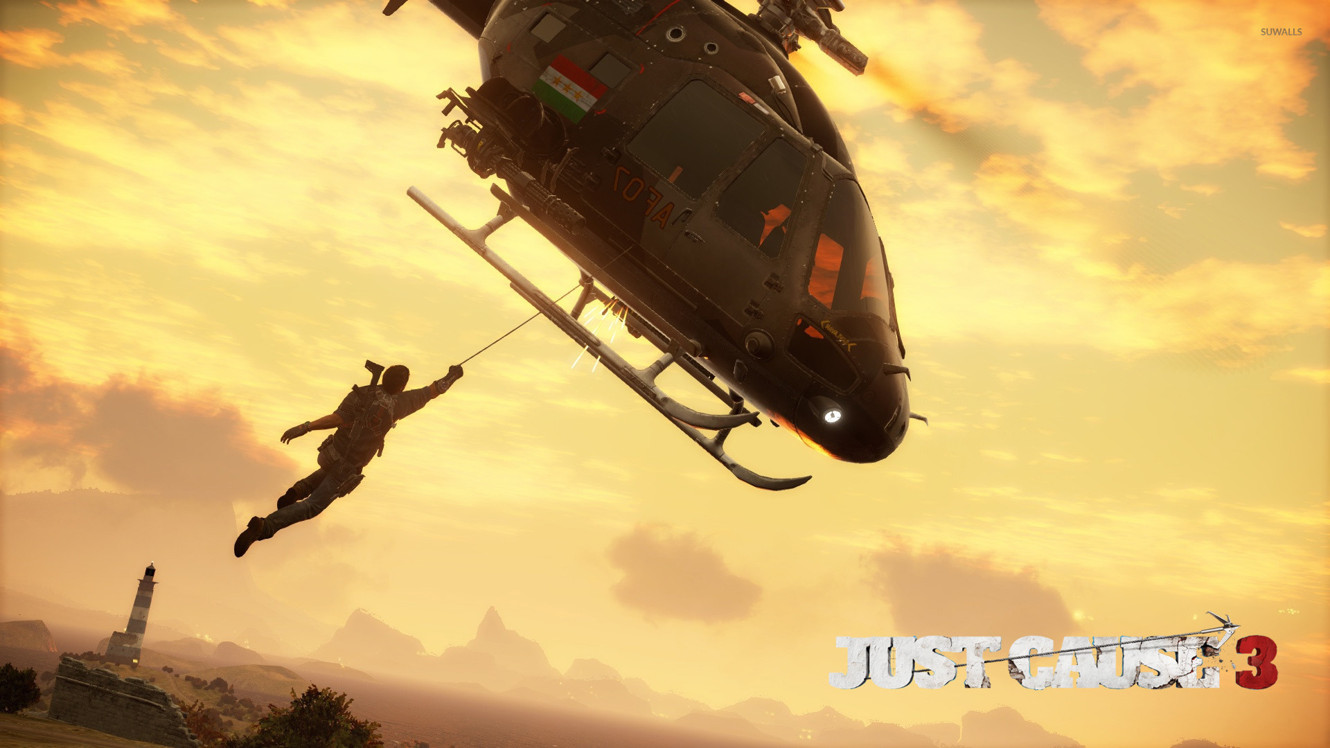 1920x1080 Rico Rodriguez hanging from a helicopter - Just Cause 3 wallpaper