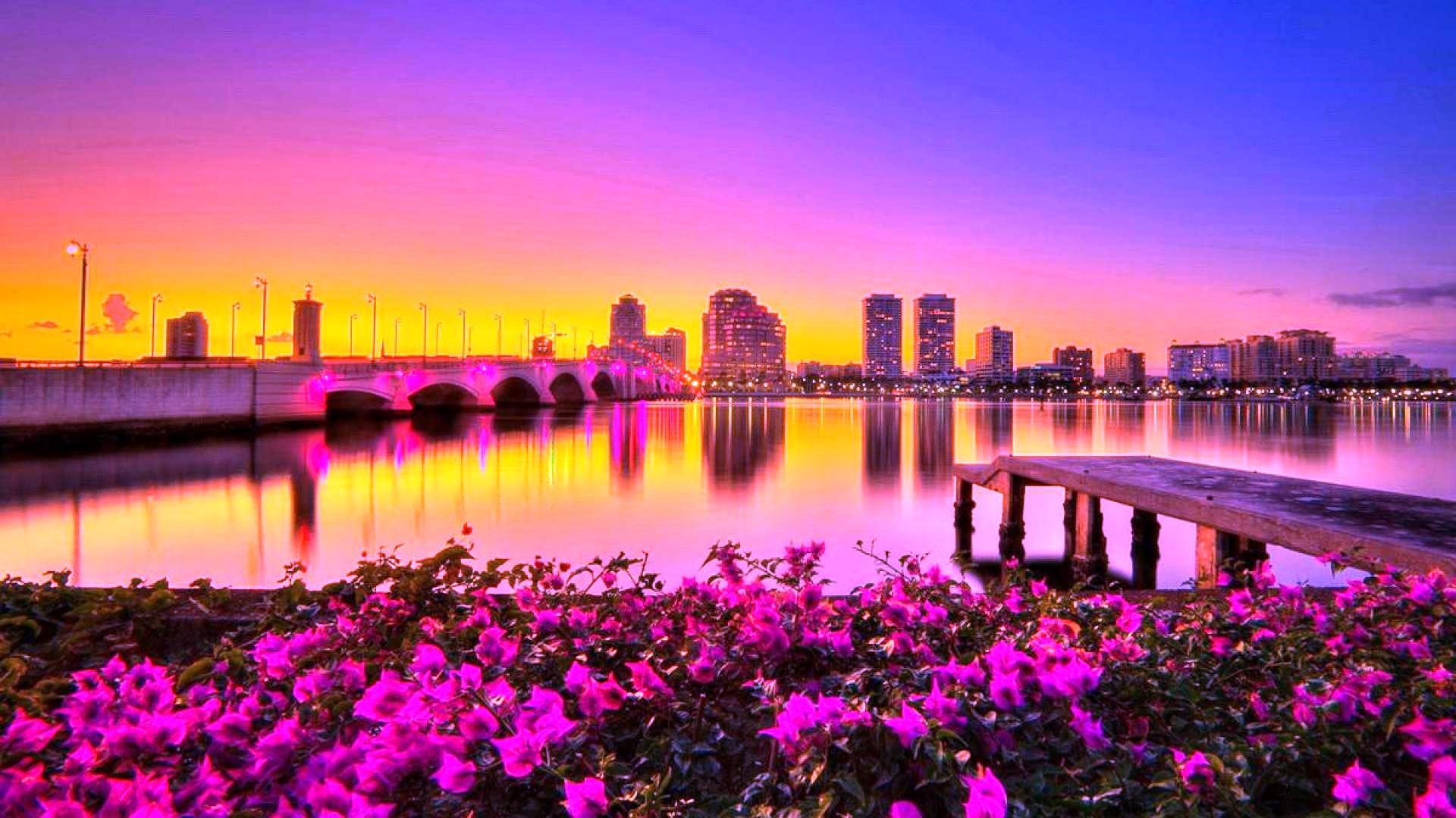 1920x1080 #CC55BB Color - Nature Flowers Sun Fields Sky Photography Clouds City  Sunrise Bridge Splendor Paradise