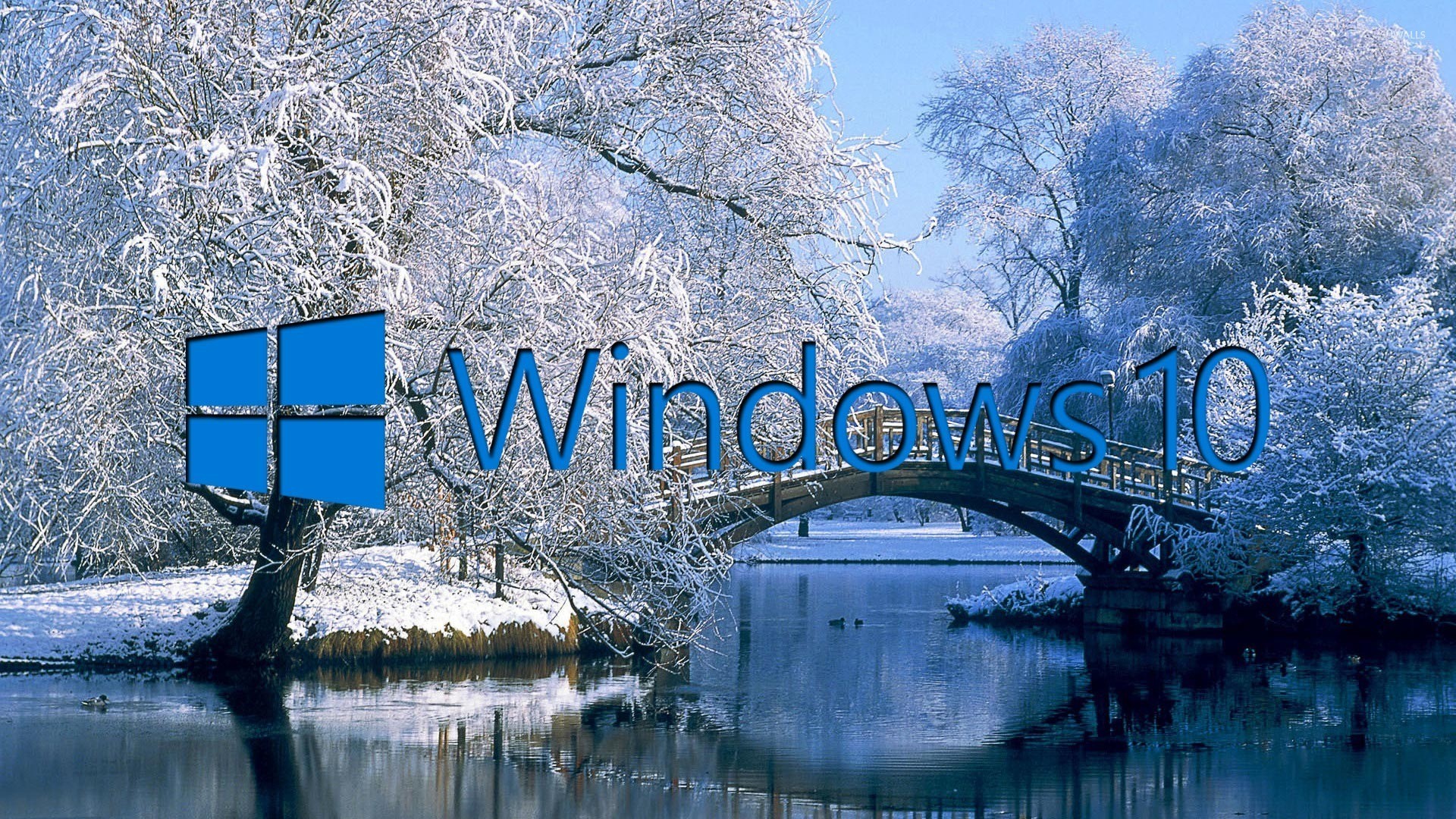 1920x1080 Windows 10 on the snowy lake blue text logo wallpaper