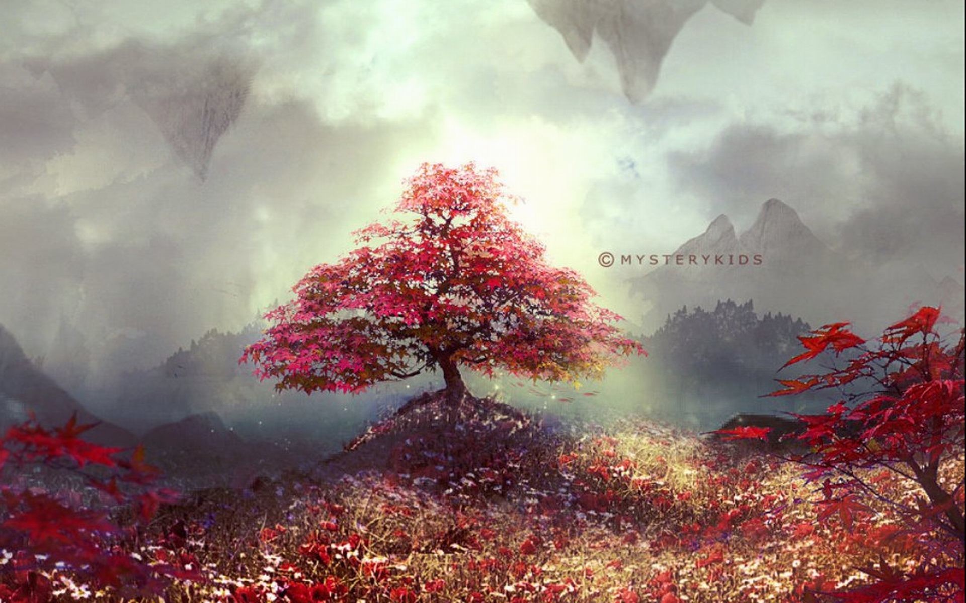 1920x1200 Red Tree Fantasy Landscape Wallpaper