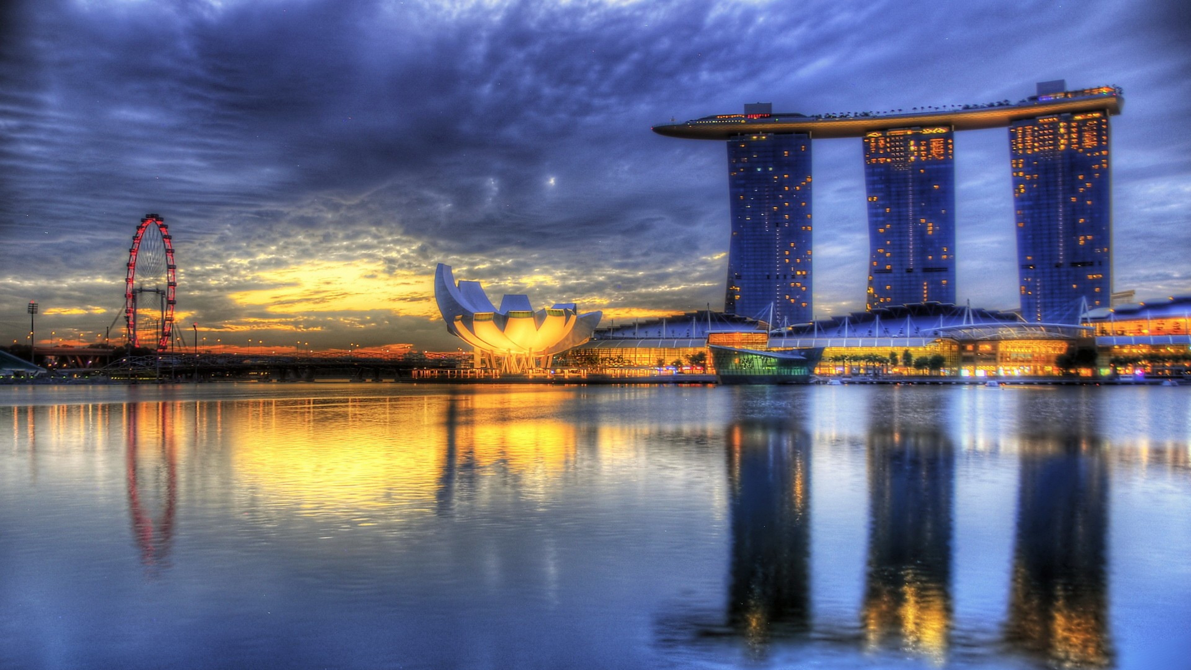 3840x2160  Wallpaper marina bay hotel, singapore, ferris wheel, river, hdr