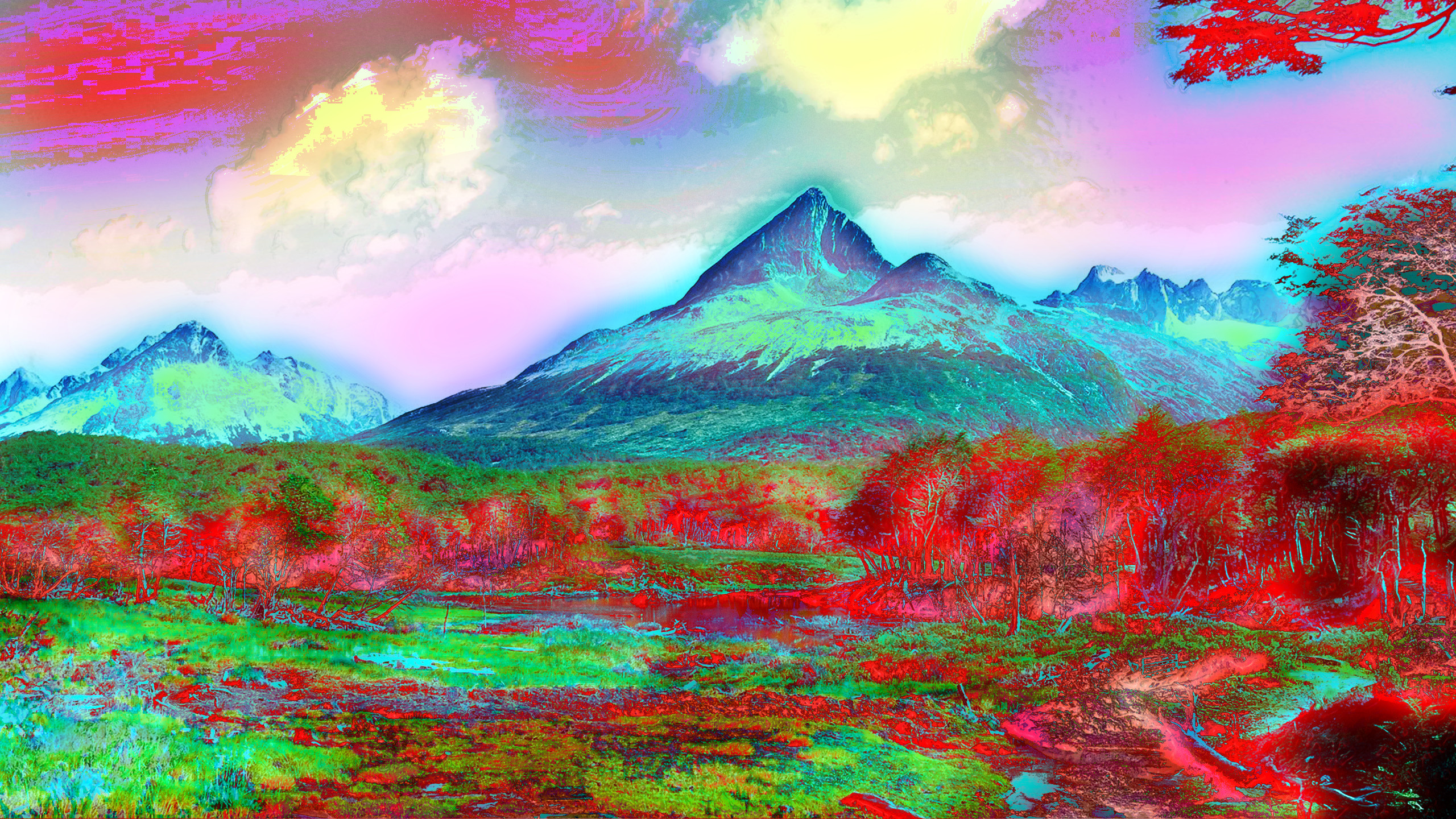 2560x1440 abstract LSD bright tundra plateau trippy mountain flower meadow plain  computer wallpaper mountainous landforms ecosystem mountain