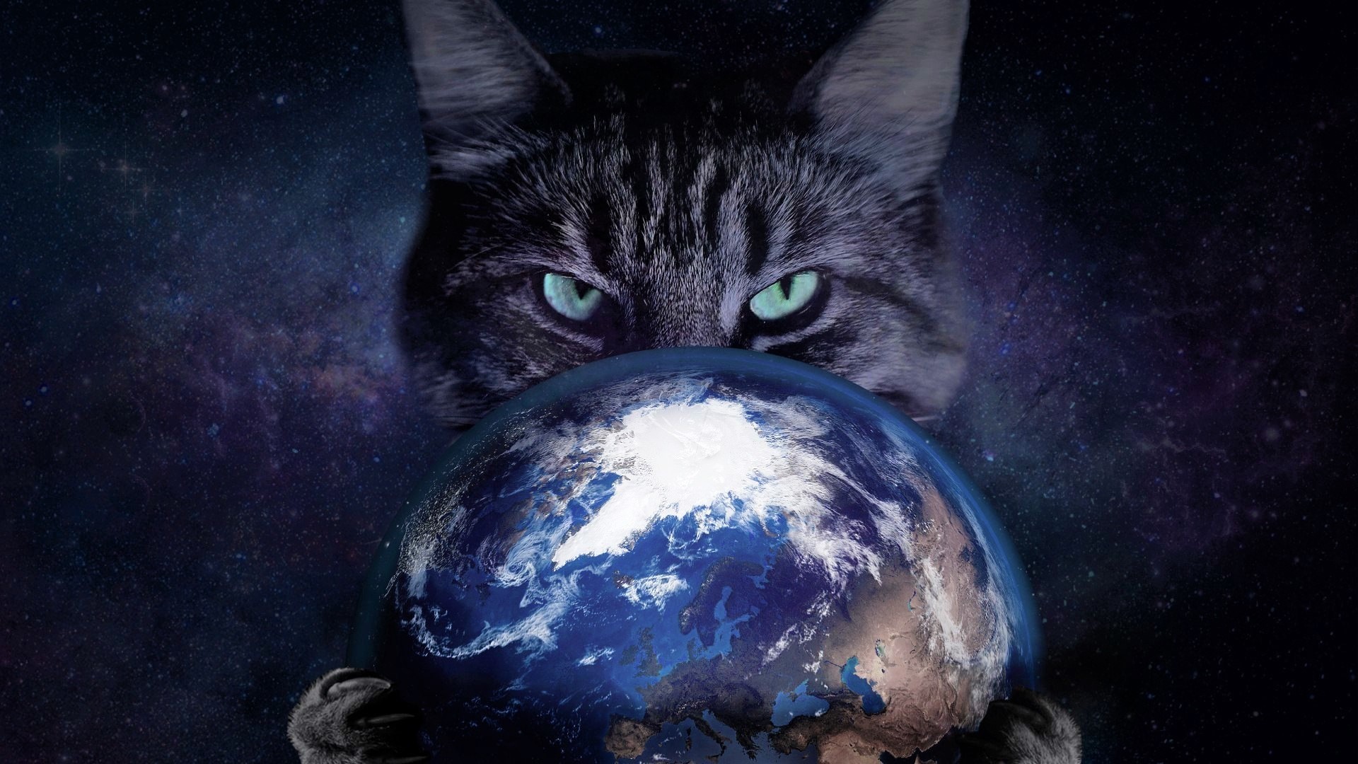 1920x1080 Cat Holding Planet Earth