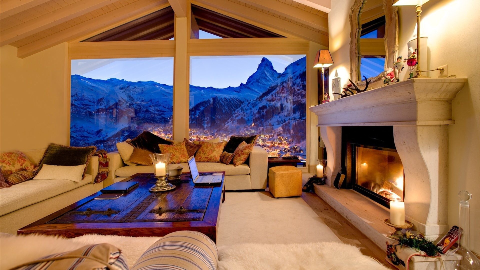 1920x1080 Cozy Livingroom Overlooking Ski Resort Mountains View Fireplace Winter Free  Wallpapers - 1920x1277