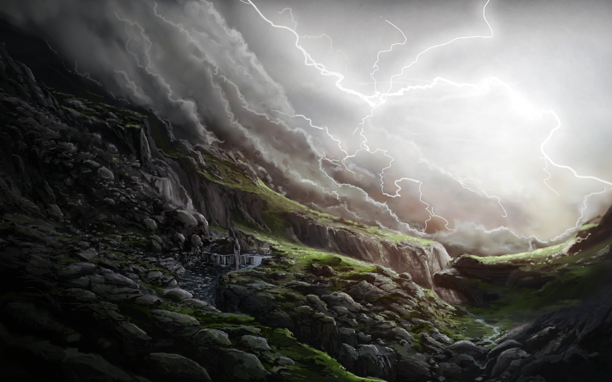 2560x1600 Waterfall Rain Storm Landscape Clouds Slopes Art Lightning Stones