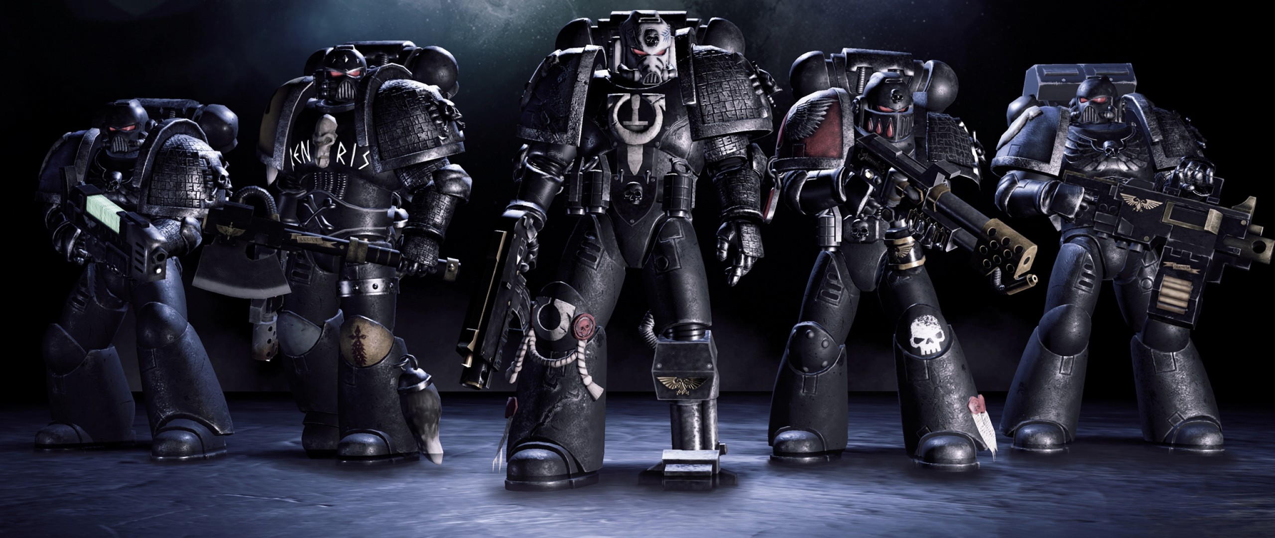 2560x1080 Preview wallpaper warhammer 40k, deathwatch, tyranid invasion, soldiers,  armor, weapons 