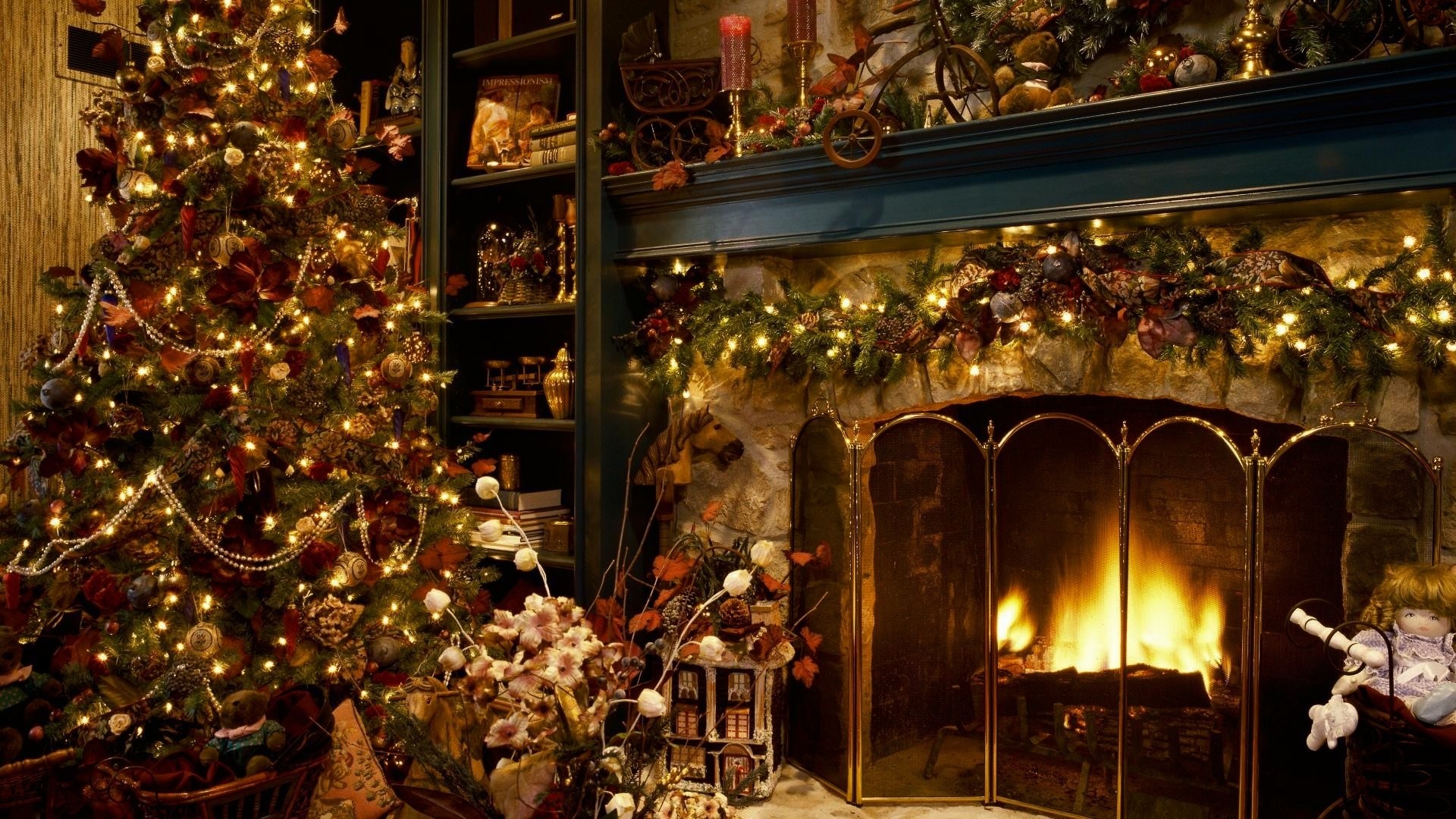 1920x1080 Christmas Tree Next To The Fireplace