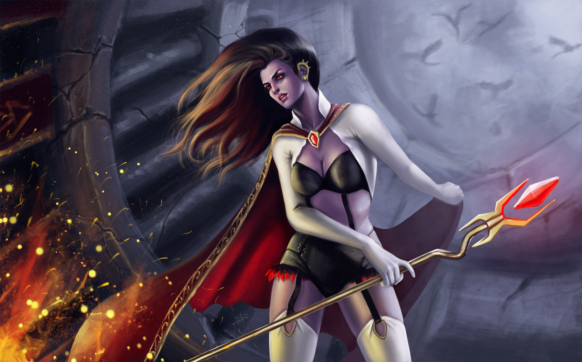 1920x1195 Fantasy - Warrior Fantasy Woman Girl Red Fire Sword Cape Wallpaper