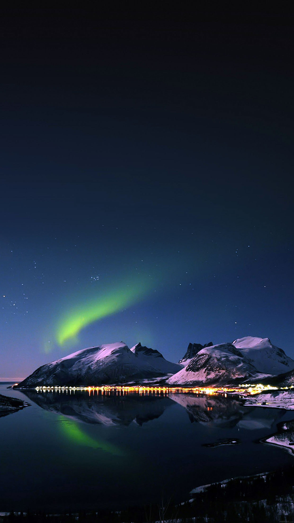 1242x2208 Aurora Night Snow Mountains Dock Lights android wallpaper HD