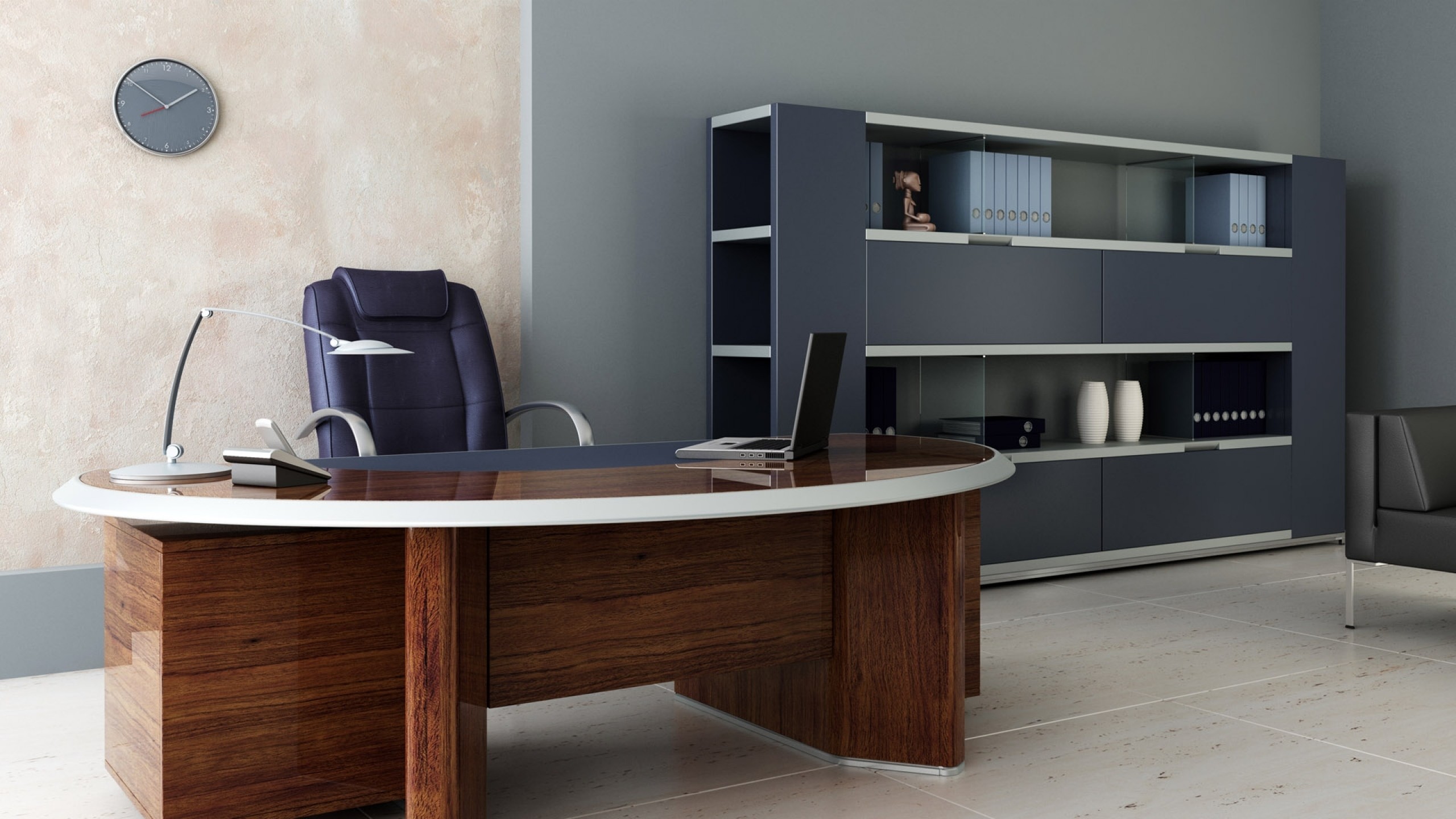 2560x1440  Wallpaper room, office, desk, chair, shelves