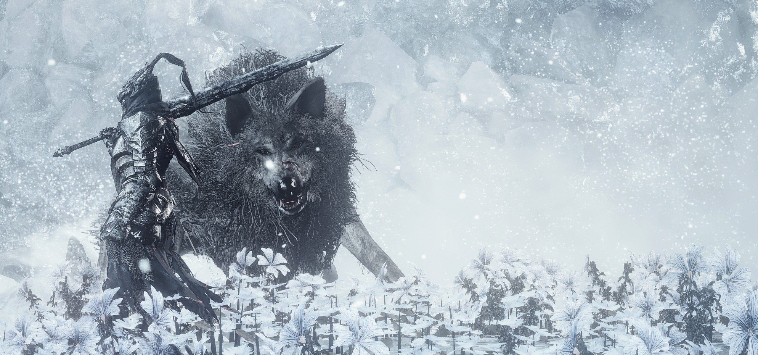 2560x1200  - dark souls iii, wolf, knight, sword, snow, monster #