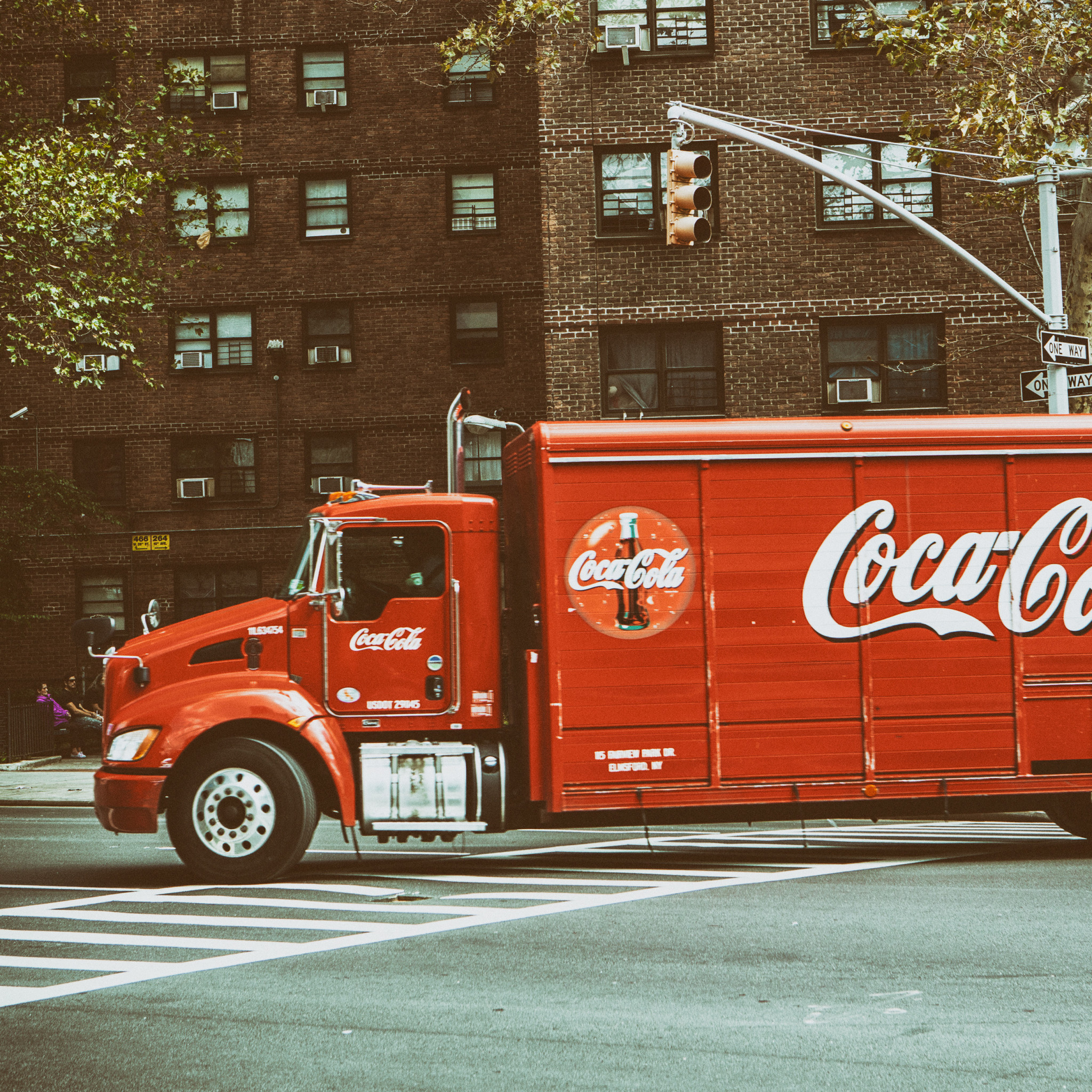 2048x2048  Wallpaper coca-cola, truck, city