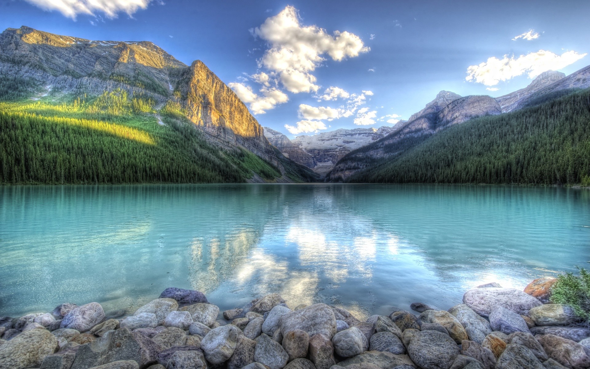 1920x1200 Lake water reflection, mountains, forest, sky, rocks, clouds wallpaper thumb