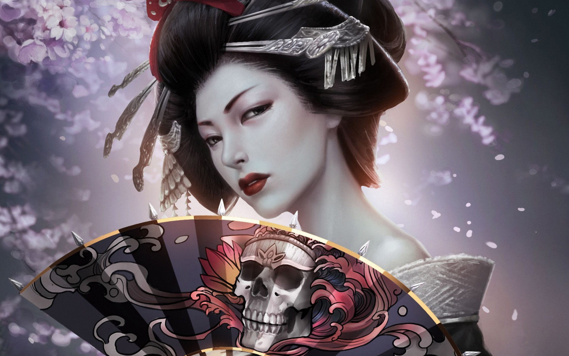 1920x1200 Japanese Girl Geisha Skull Art HD Wallpaper 