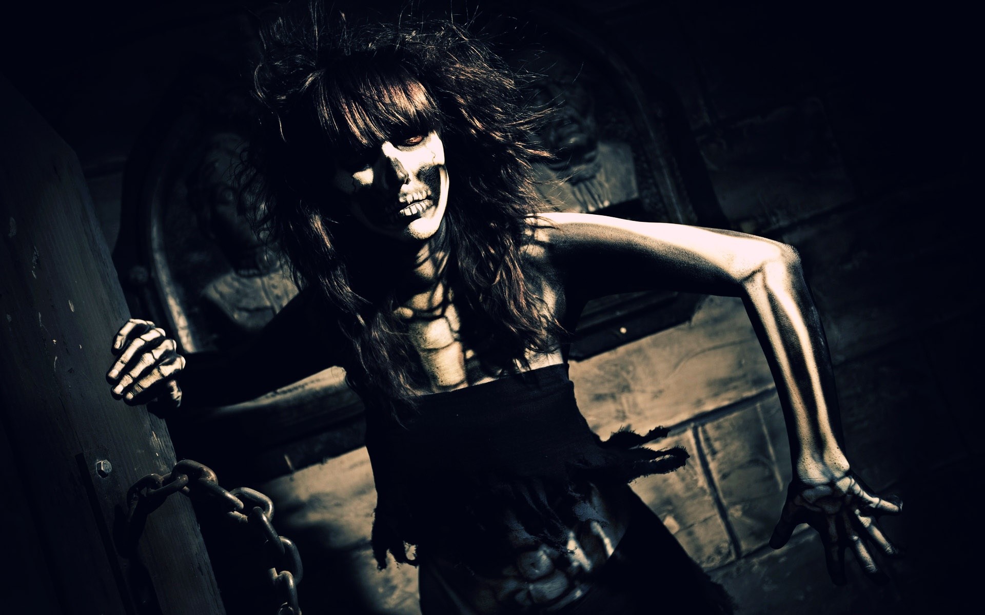 1920x1200 Dark skull skeleton horror scary creepy spooky women brunette bones  wallpaper |  | 28211 | WallpaperUP