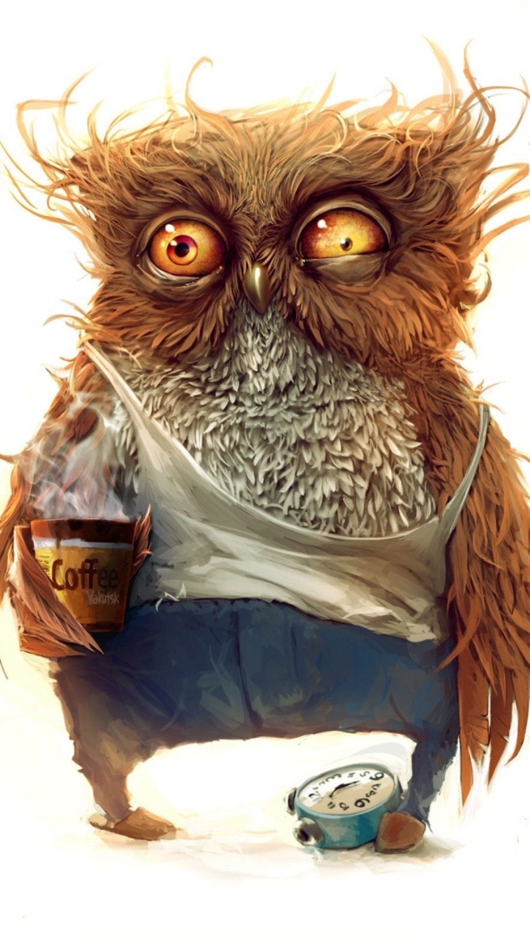 1080x1920 Preview wallpaper owl, coffee, alarm clock 
