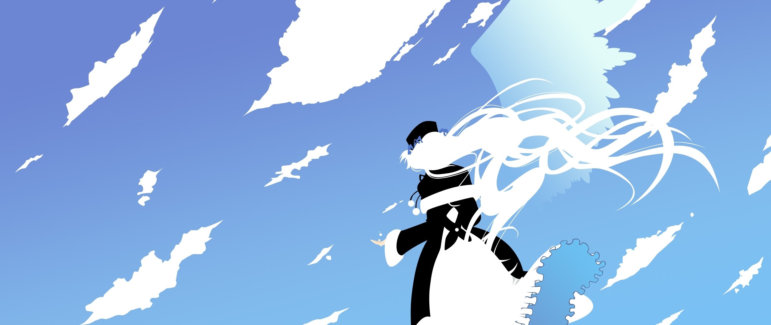 2560x1080  Wallpaper anime, girl, flight, sky, clouds