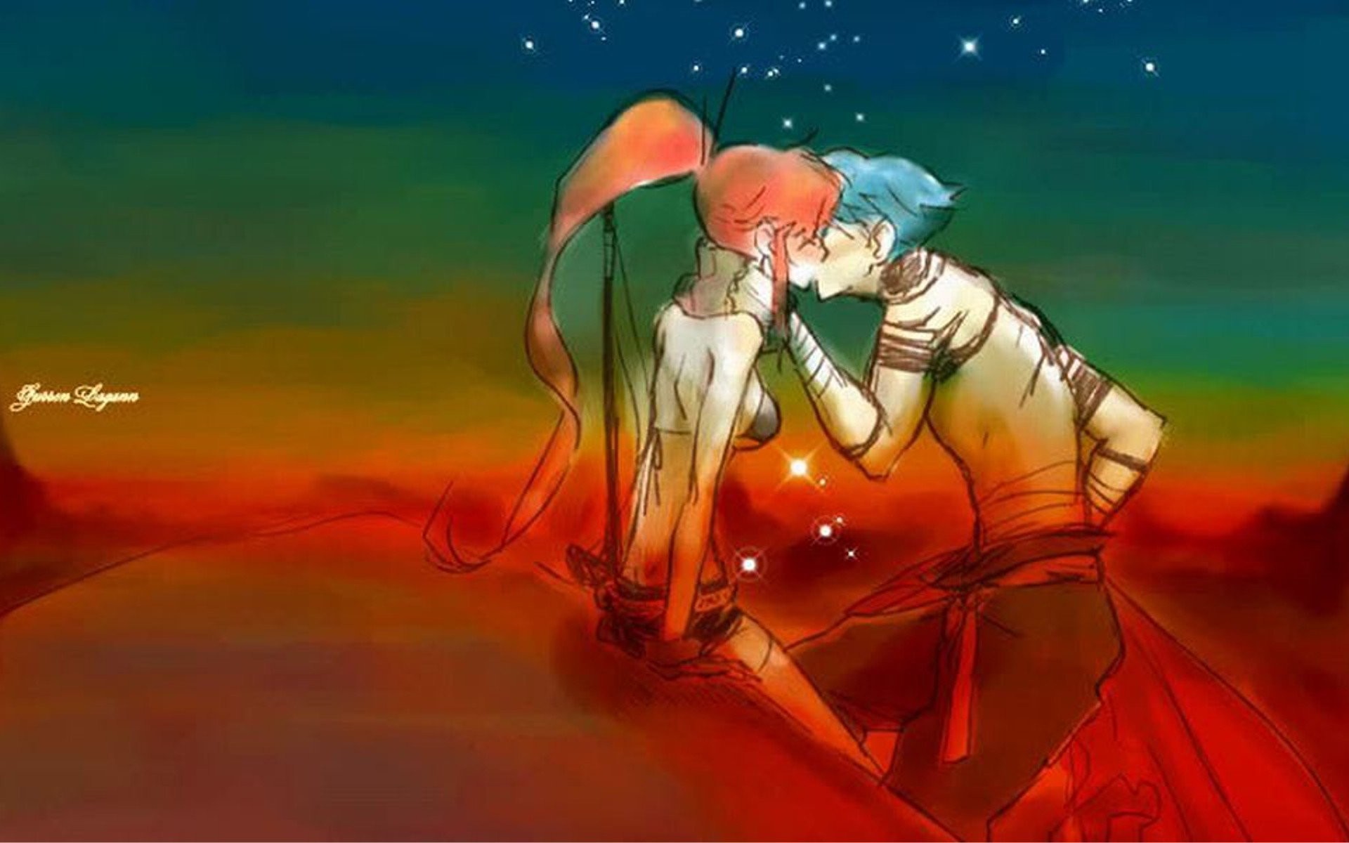1920x1200 Kamina kissing Tengen Toppa Gurren Lagann couple Littner Yoko anime  wallpaper |  | 292046 | WallpaperUP