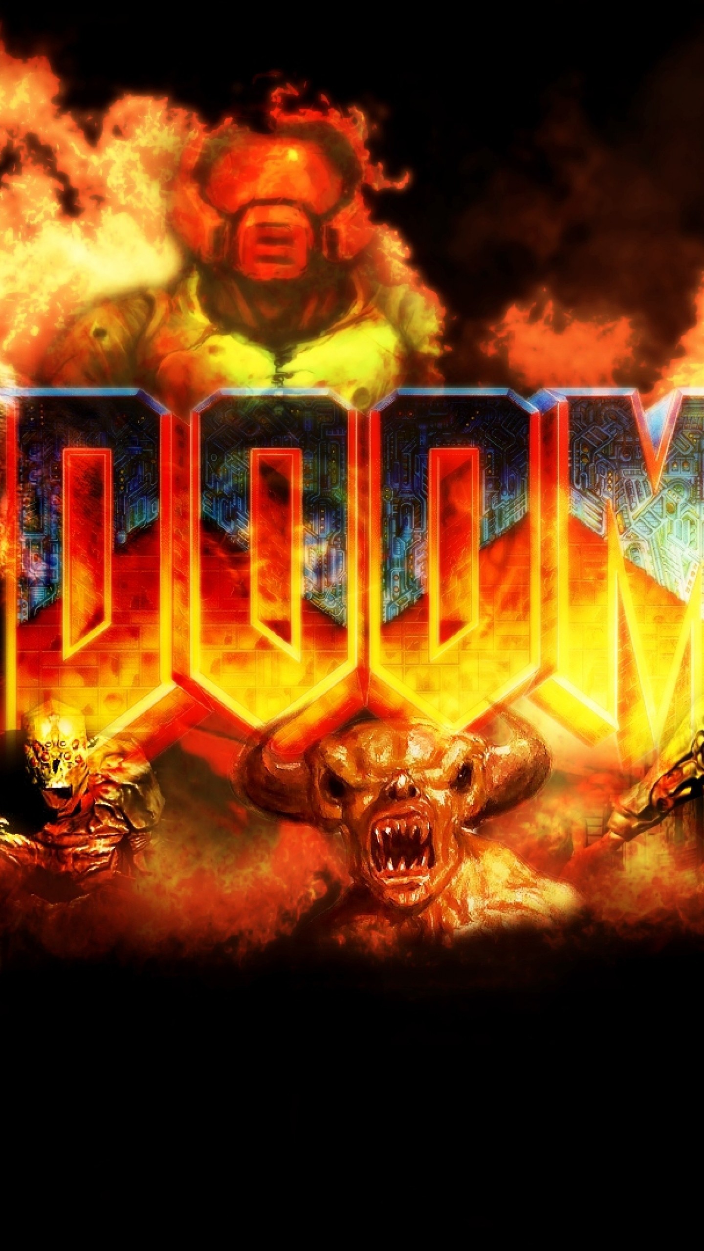 1440x2560  Wallpaper doom, game, logo, explosion, fire