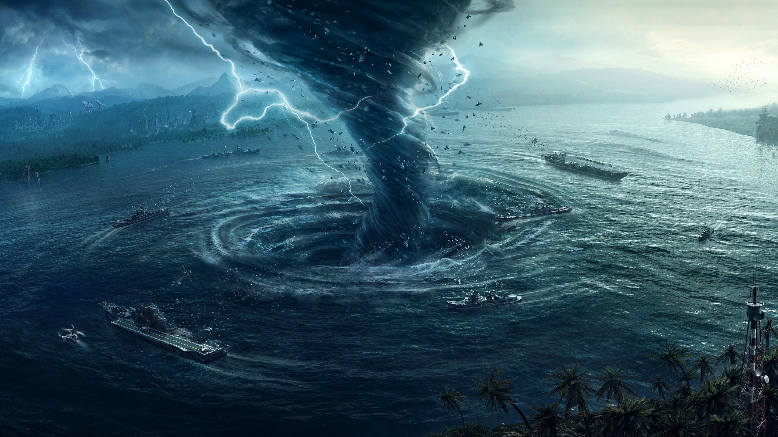 2560x1440 Ships water tornado lightning 3d graphics wallpaper |  .