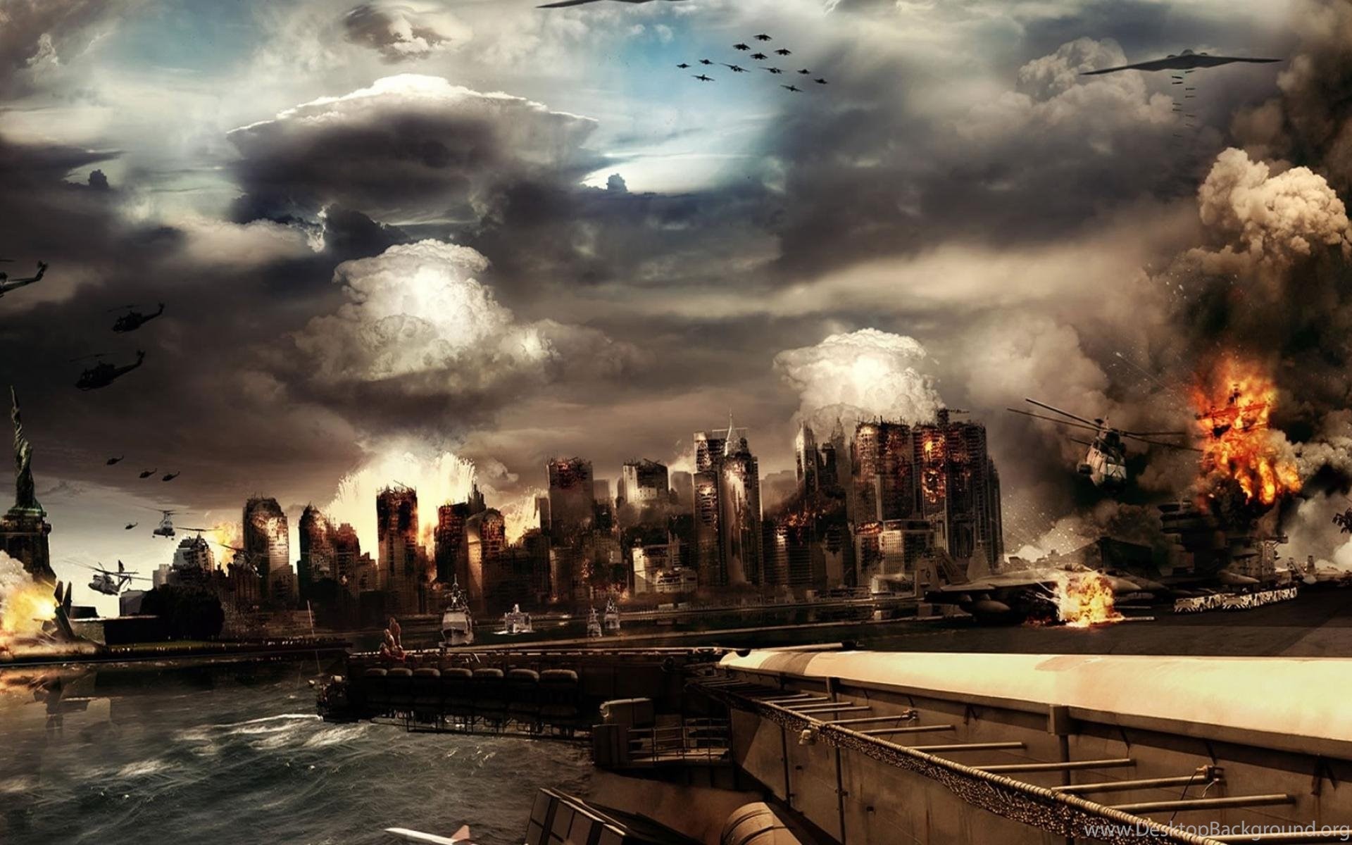 1920x1200 New York City Explosions Helicopters Stealth Bomber Terror