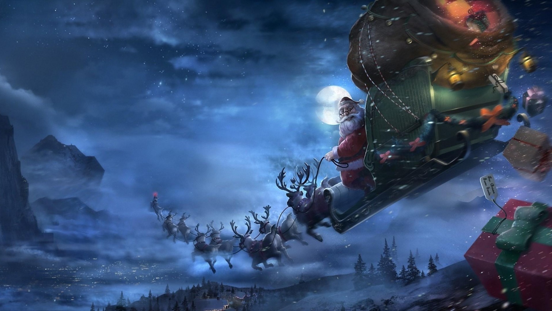 1920x1080 Preview wallpaper santa claus, reindeer, sleigh, flying, gifts, christmas  