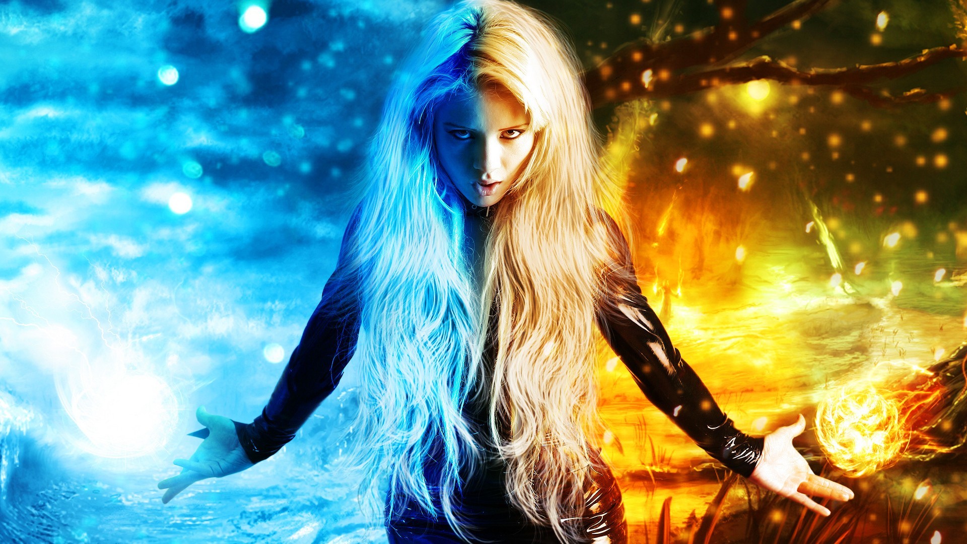 1920x1080 blonde blue fire girl ice orange Cool Fire Wolf Backgrounds 