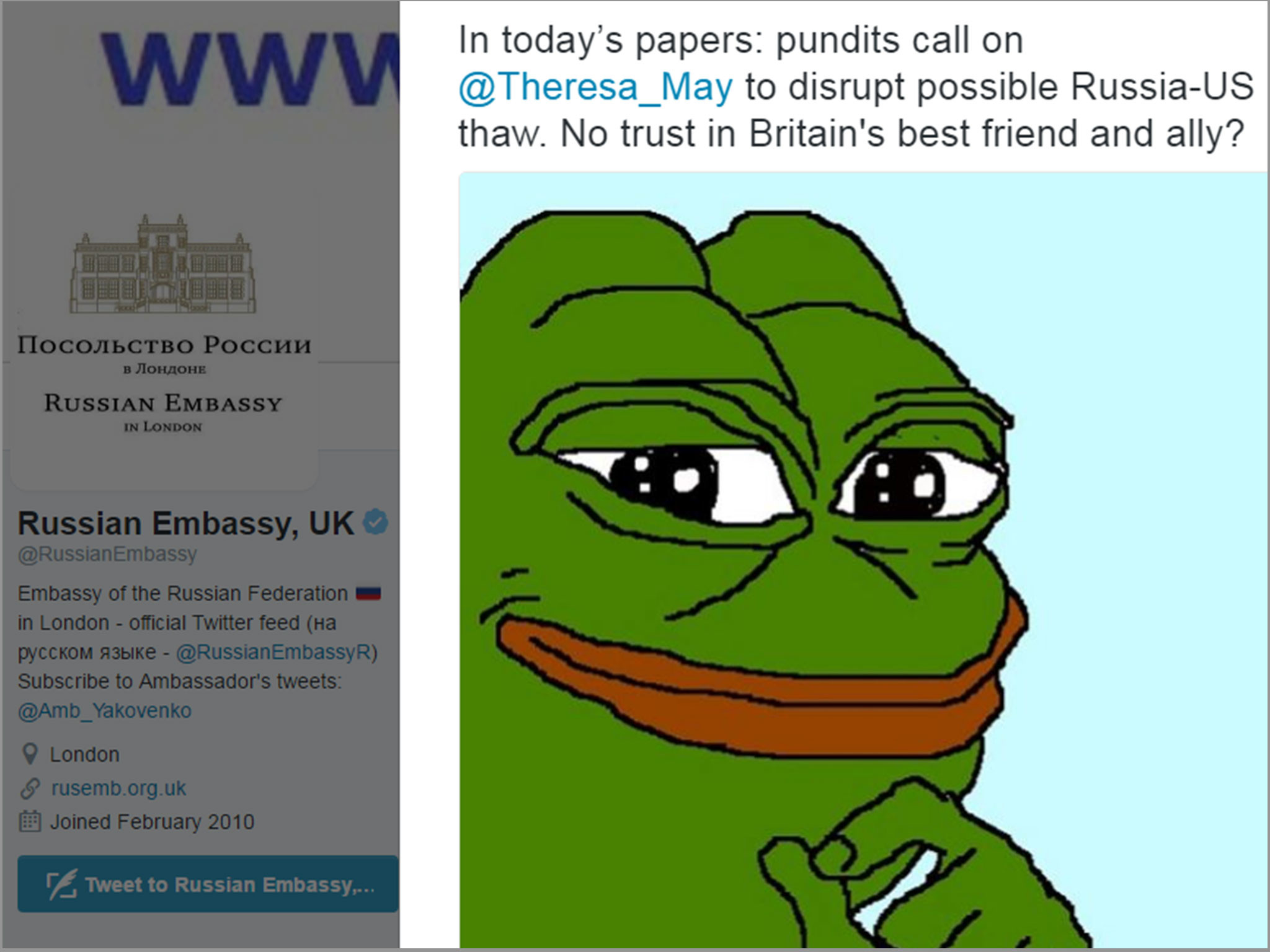2048x1536 Russian embassy in London hits out at Theresa May with 'white supremacist'  Pepe the Frog meme | The Independent