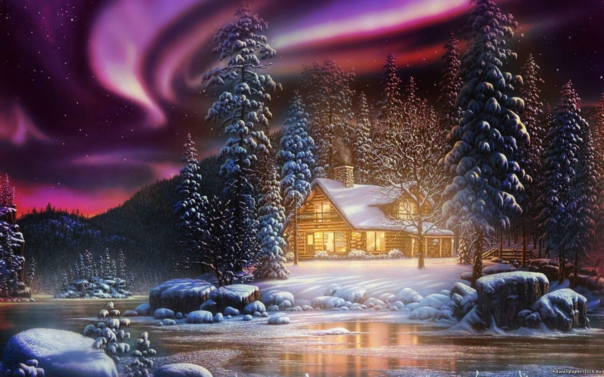 2560x1600 Winter cabin and the northern lights wallpaper