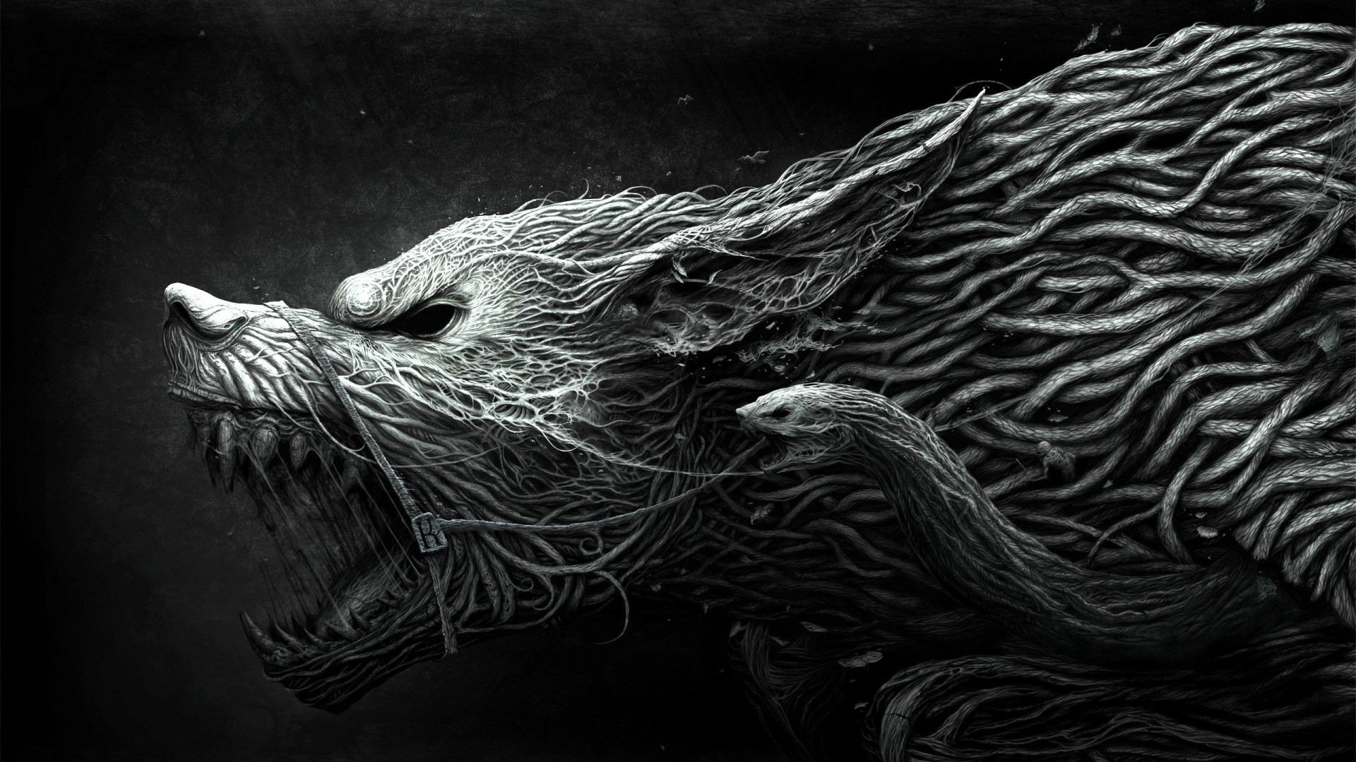 1920x1080  Preview wallpaper wolf, teeth, drawing, aggression, black, white  