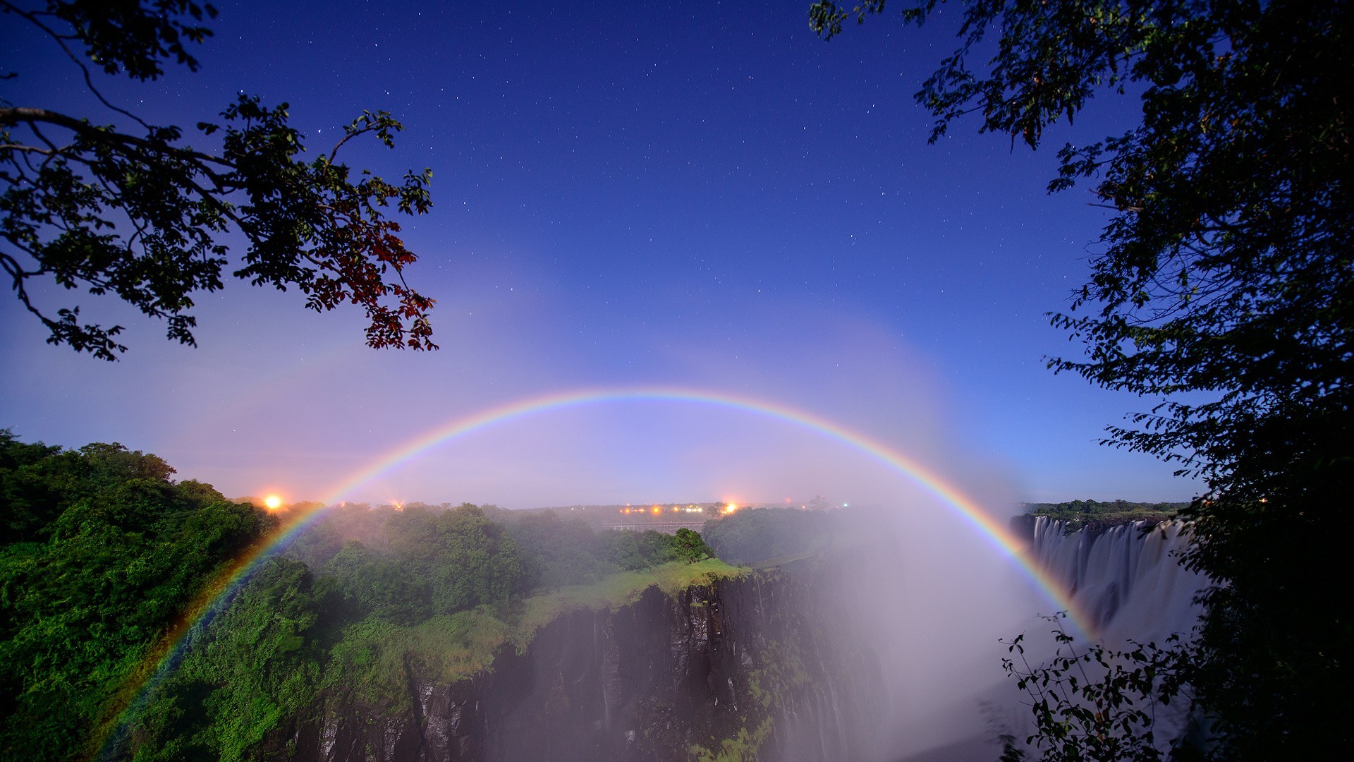 1920x1080 Marvelous Rainbow Night Mist Stars Lights Waterfalls Victoria Falls  Waterfall HD Desktop - 