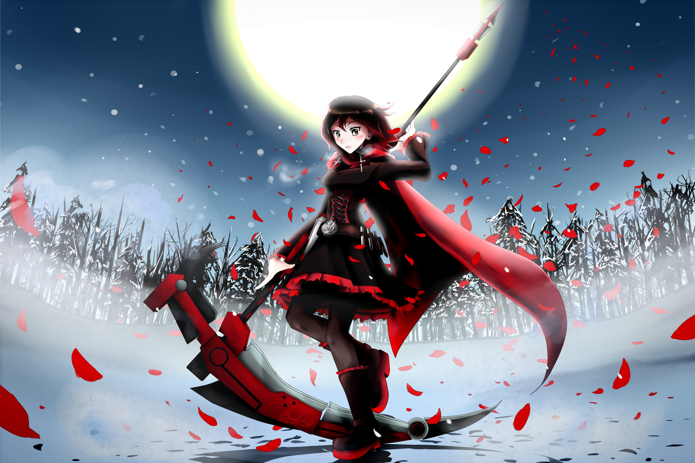 2400x1600 anime girls autumn belt black hair boots cloaks corset cross flower petals  flowers fog forest gray