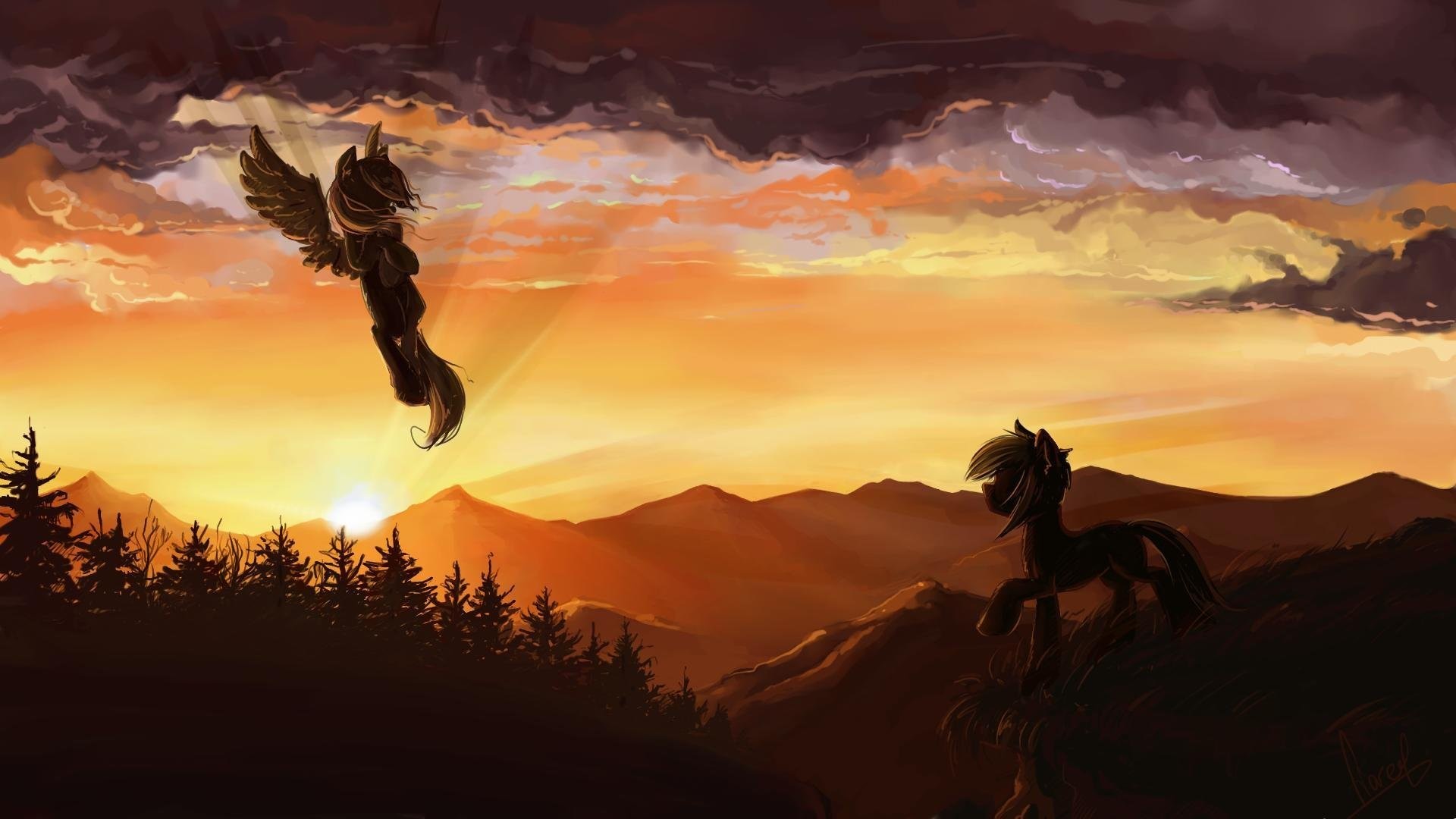 1920x1080 my little pony ponies pegasus sunset mountain forest clouds