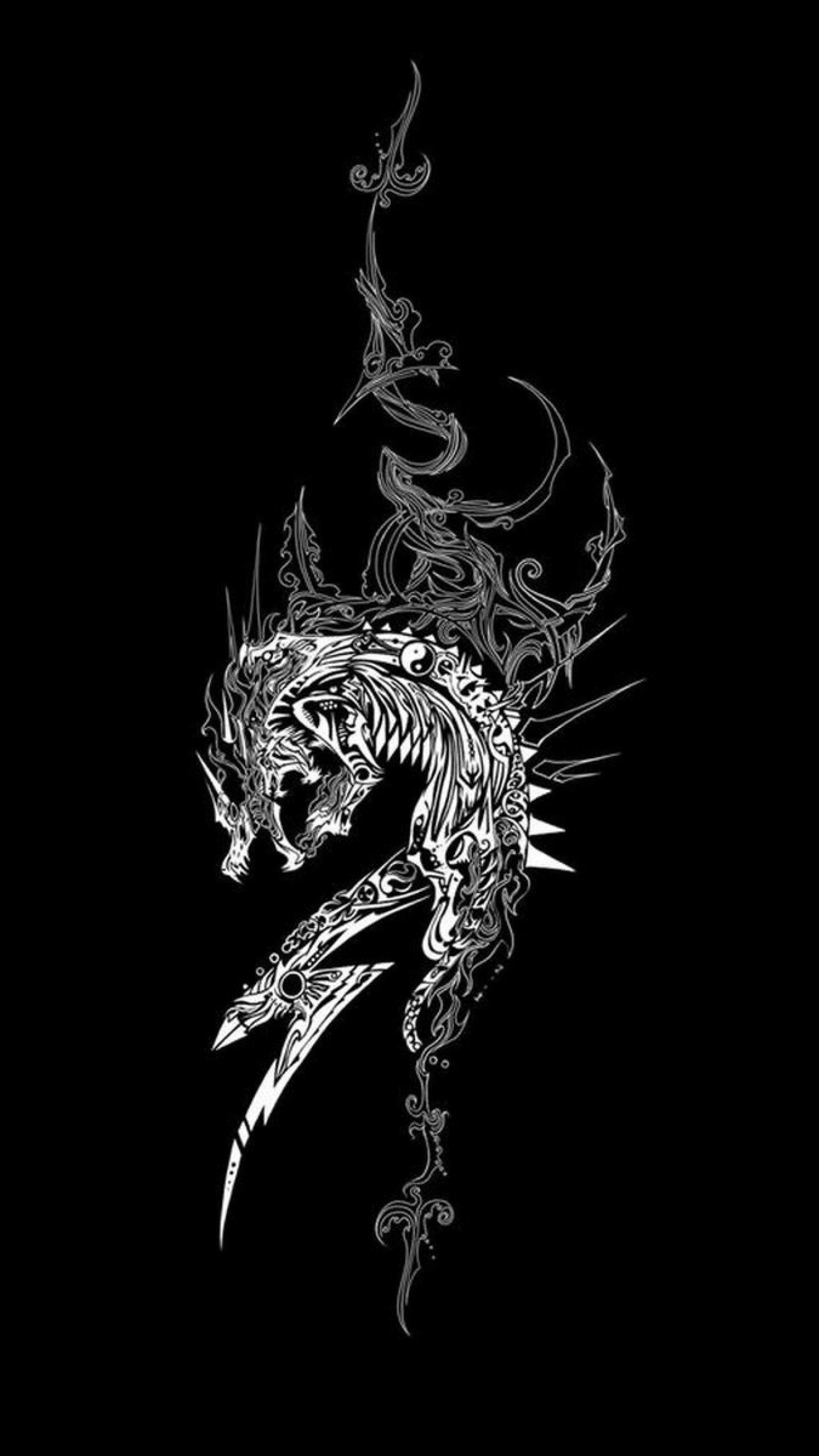 1440x2560  Wallpaper dragon, dark background, patterns