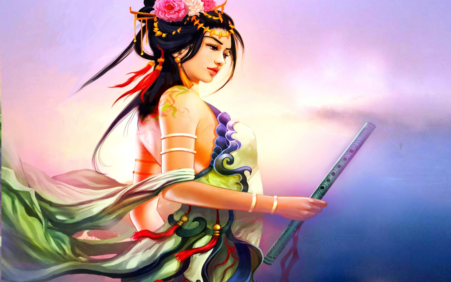 1920x1200 Fantasy - Women Warrior Woman Warrior Oriental Fantasy Woman Flower Weapon  Wallpaper