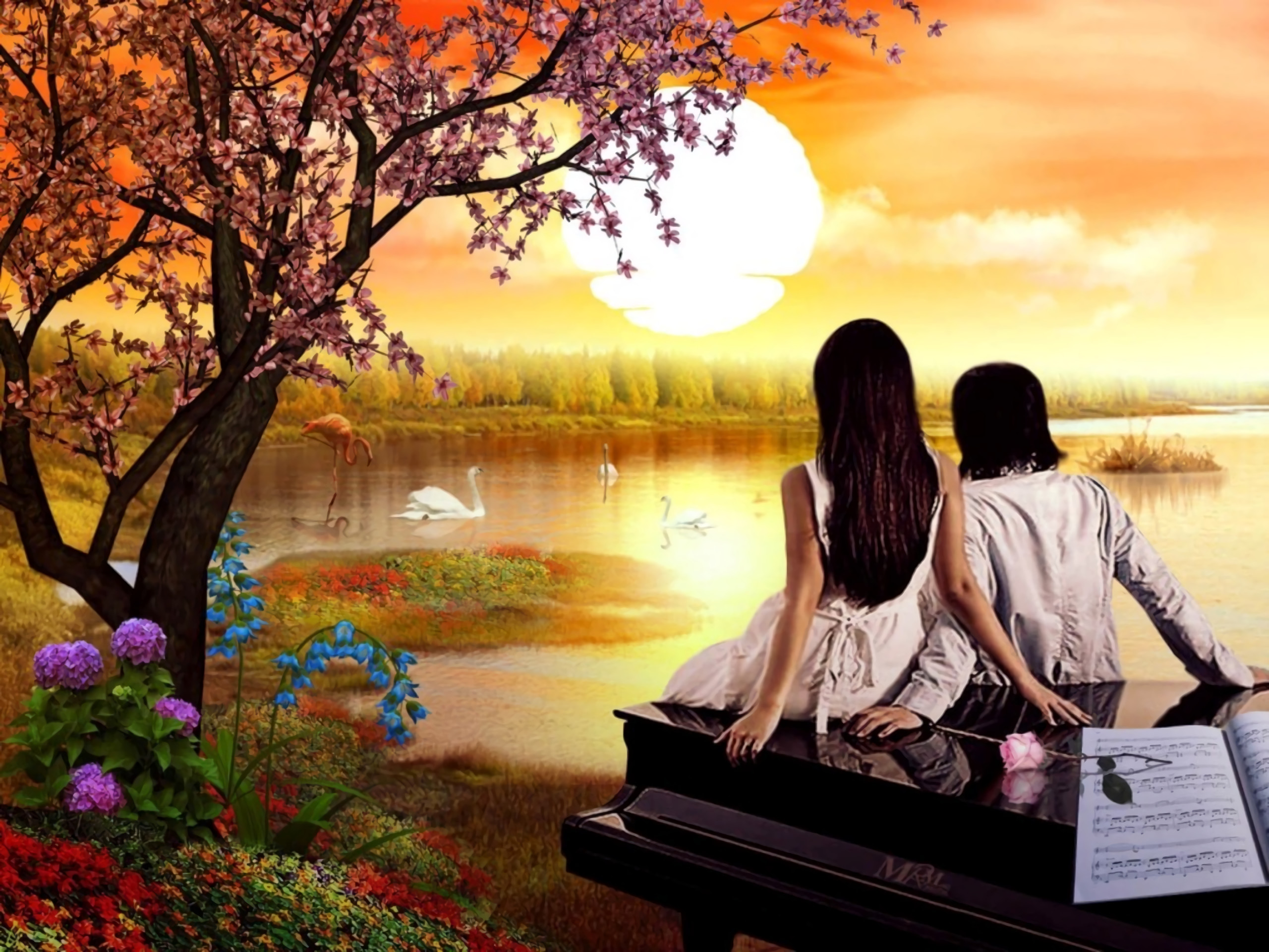2560x1920 Artistic - Love Pond Flower Sunset Artistic Wallpaper