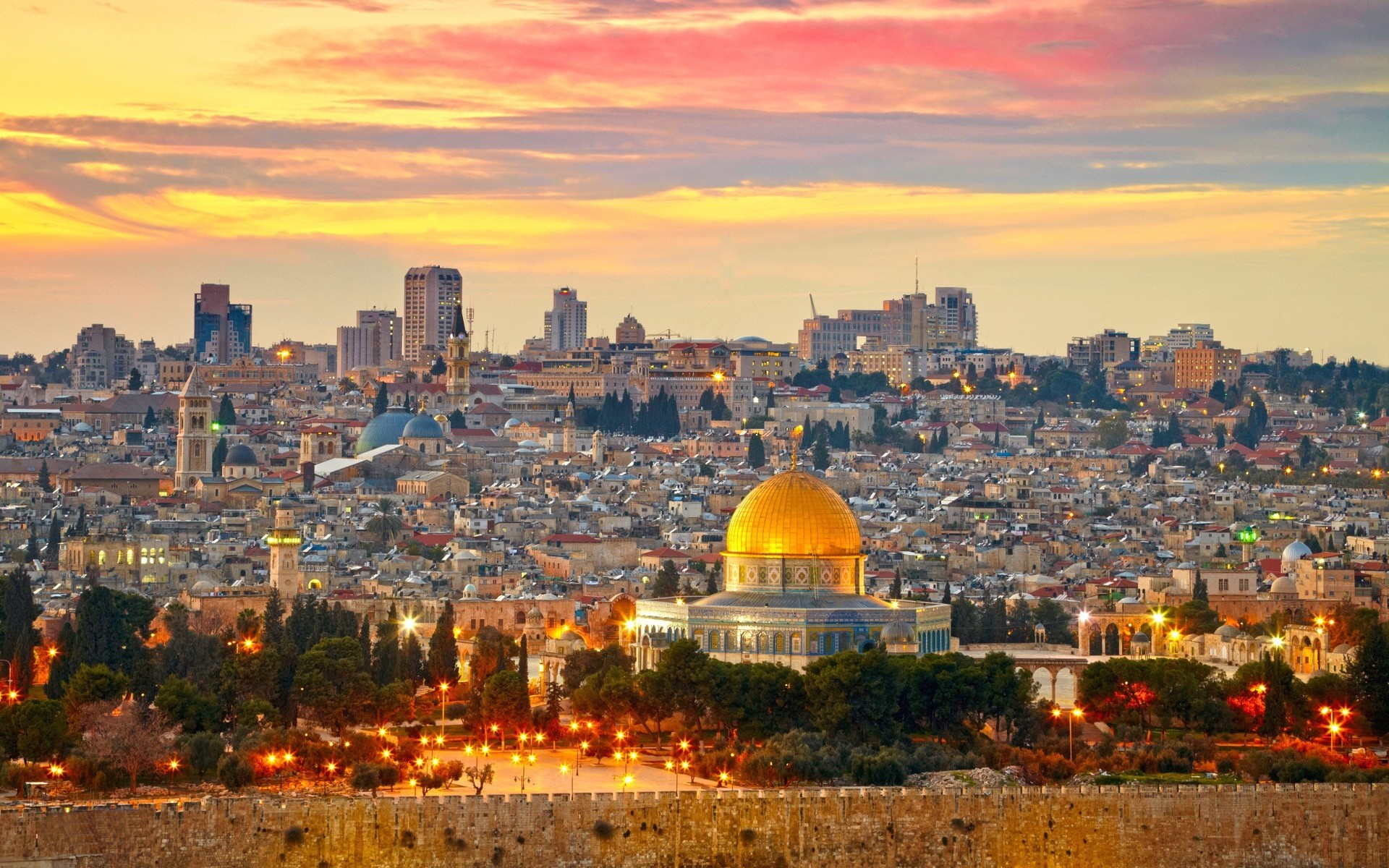 1920x1200 sunset city cityscape skyline evening Jerusalem Dome of the Rock Middle  East Israel Western Wall horizon