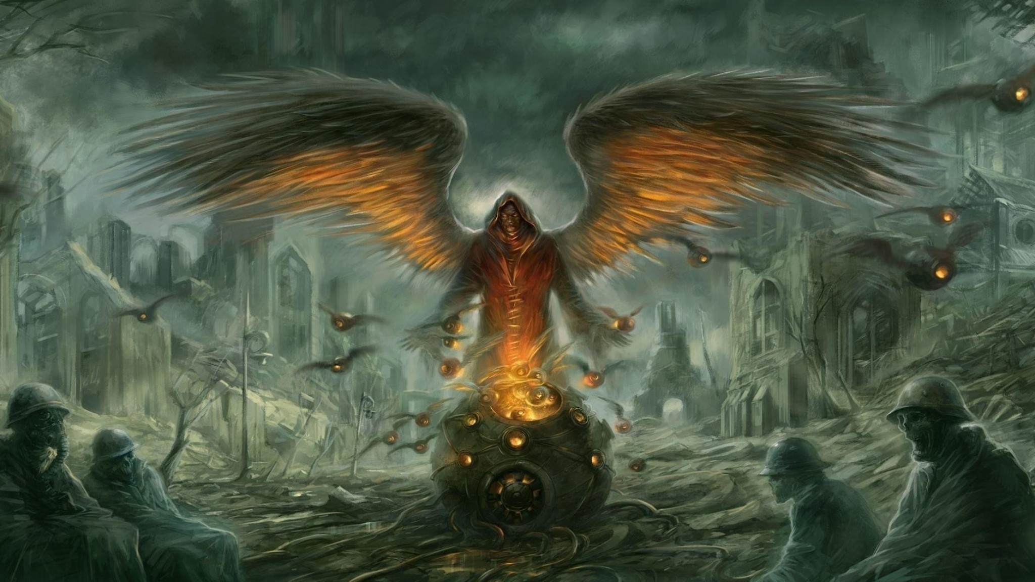 2048x1152 Preview wallpaper demon, wings, city, people, death 
