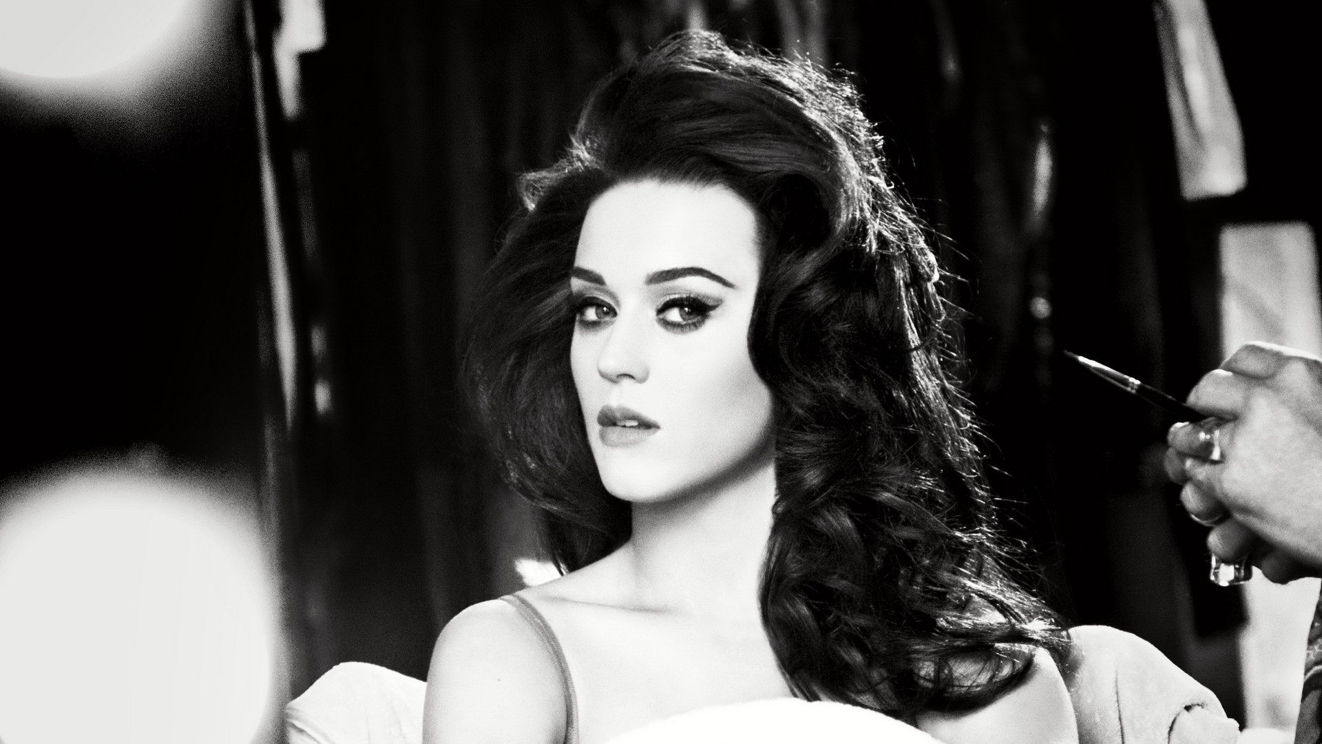 1920x1080  Wallpaper katy perry, eyes, face, singer, black and white