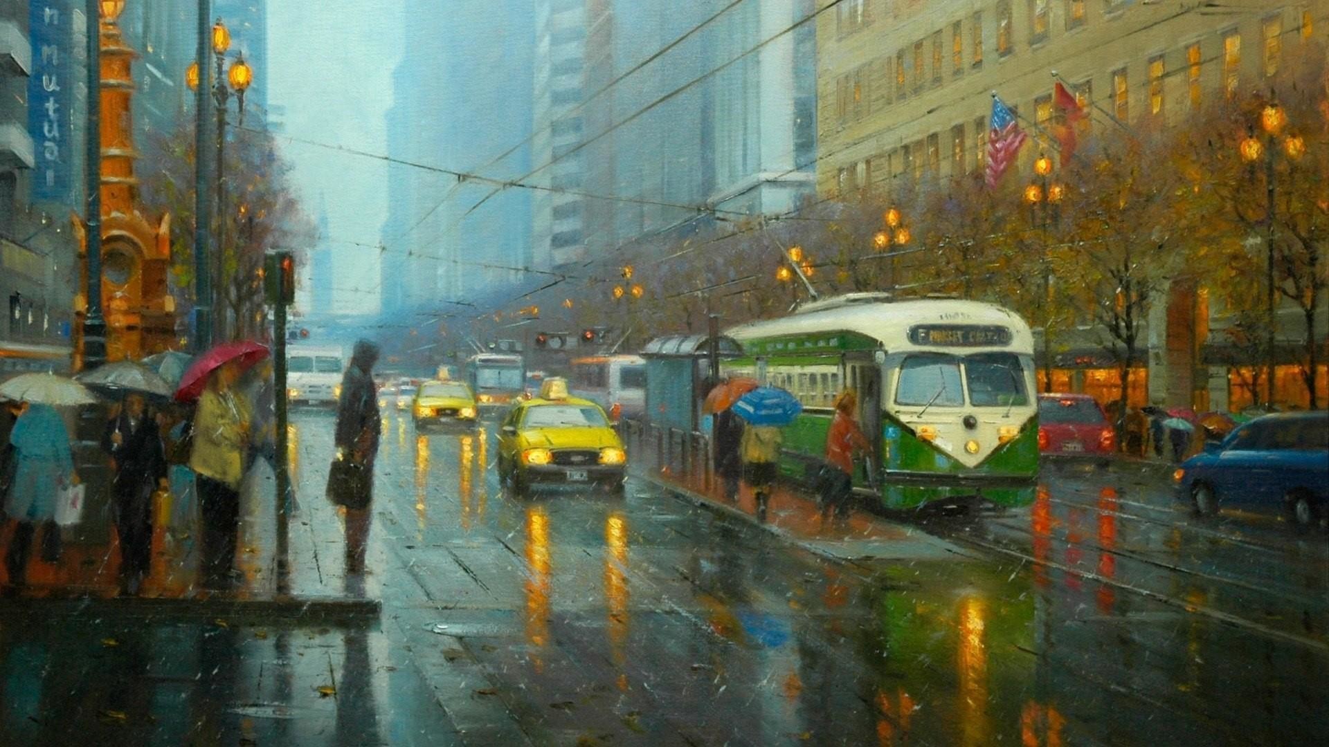 1920x1080 Rain in the city - Painting art wallpaper