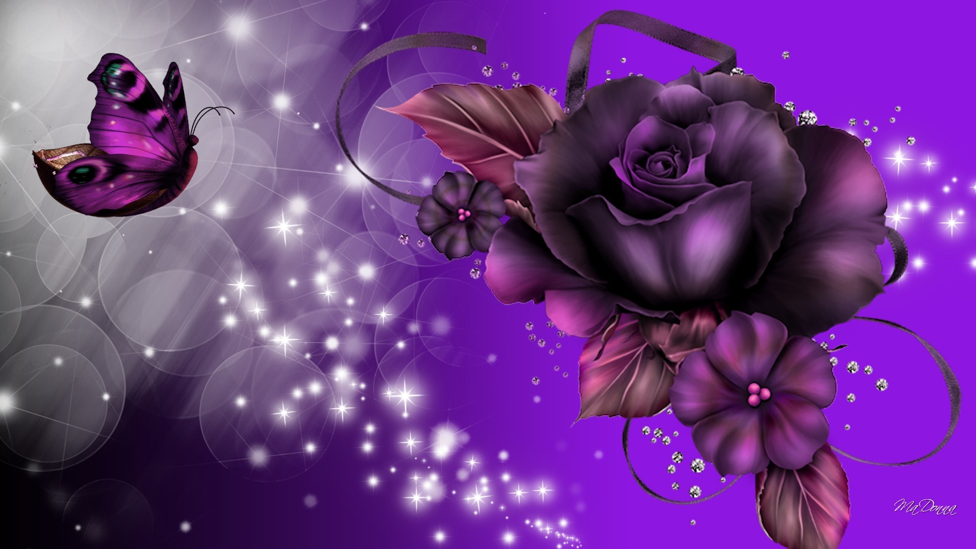 1920x1080 Fantasy - Artistic Sparkles Butterfly Purple Rose Wallpaper