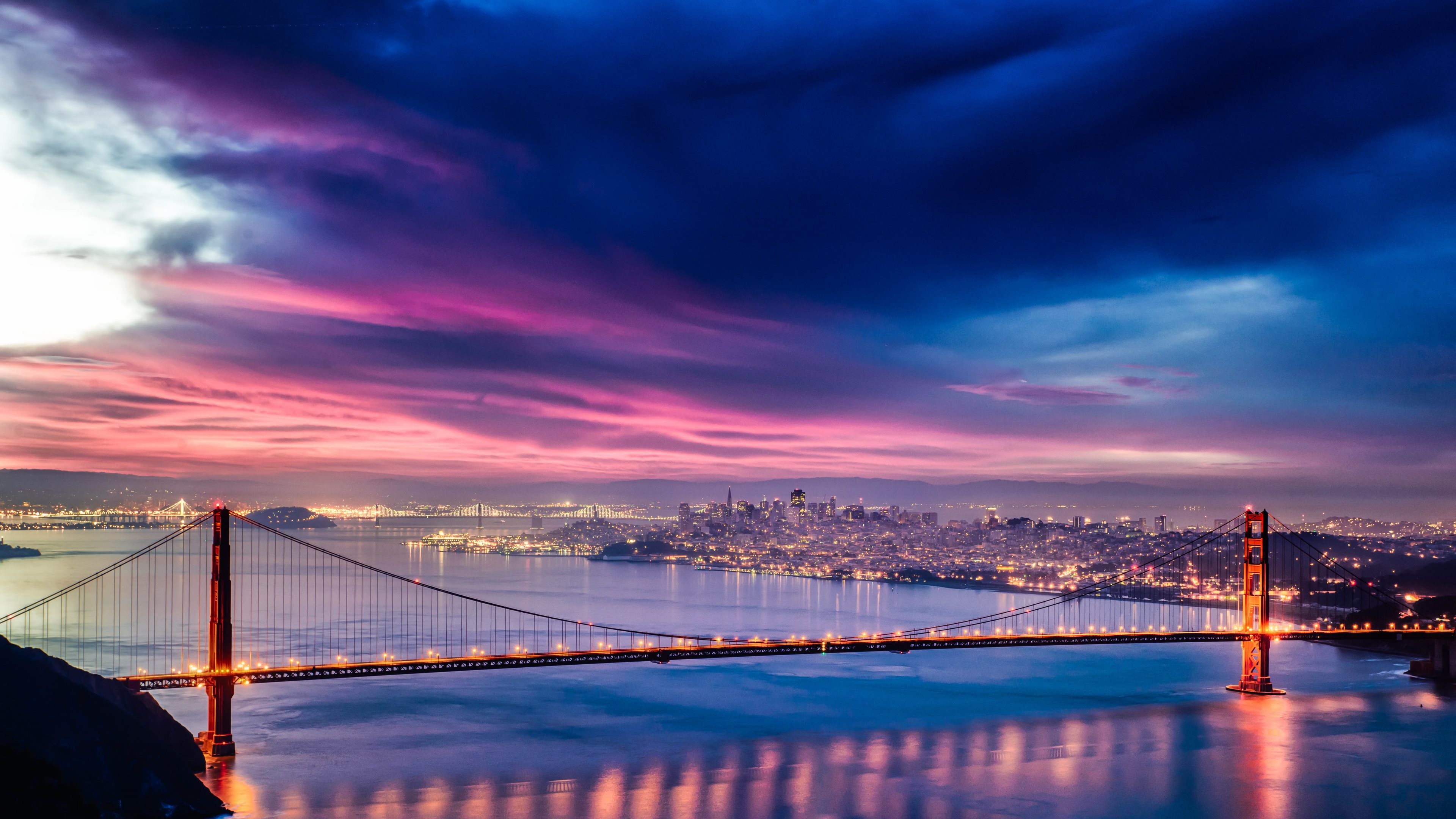 3840x2160 Architecture Bay Bridge Buildings Cities City Lights San Francisco Sunset  Water