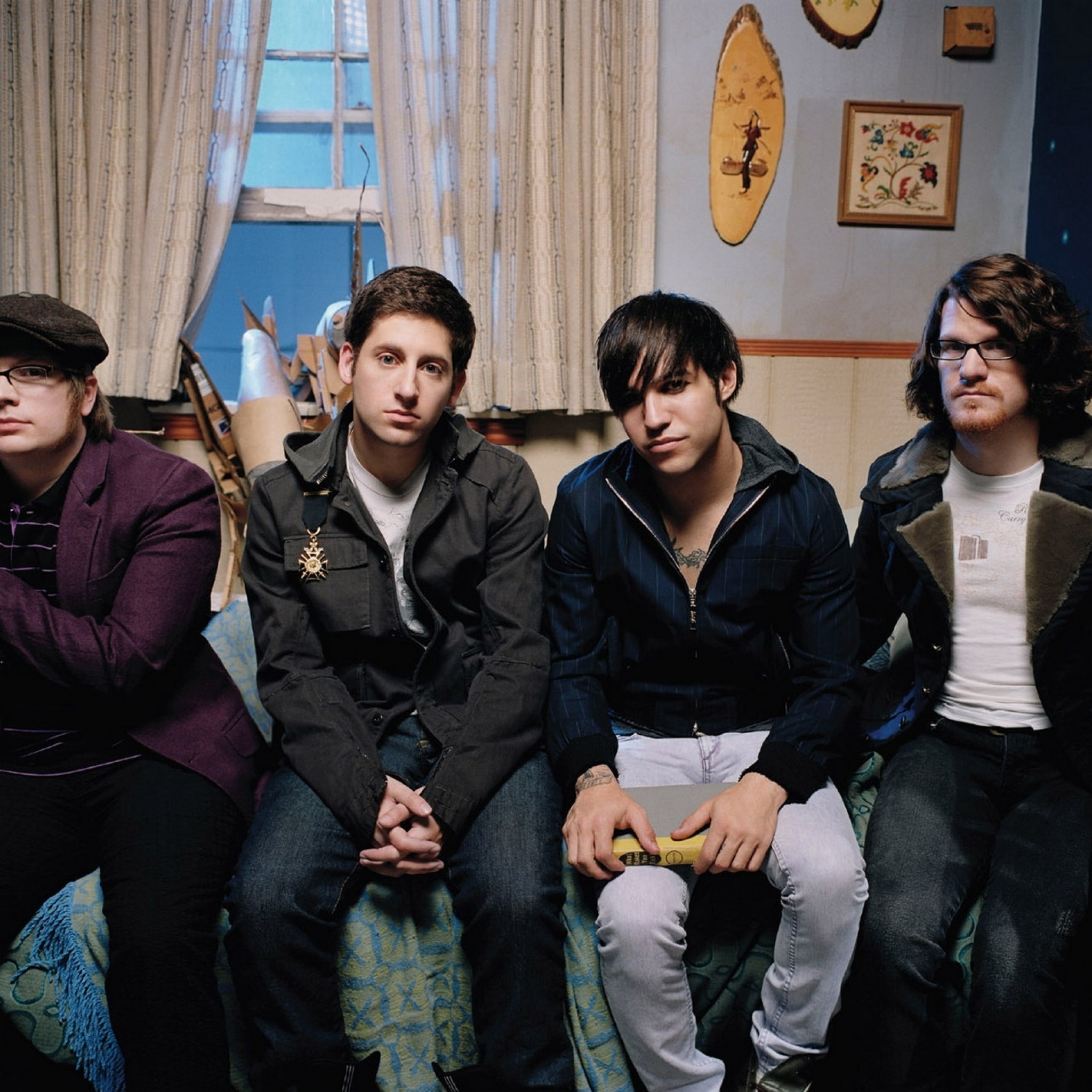 2048x2048 Preview wallpaper fall out boy, bedroom, bed, windows, band 