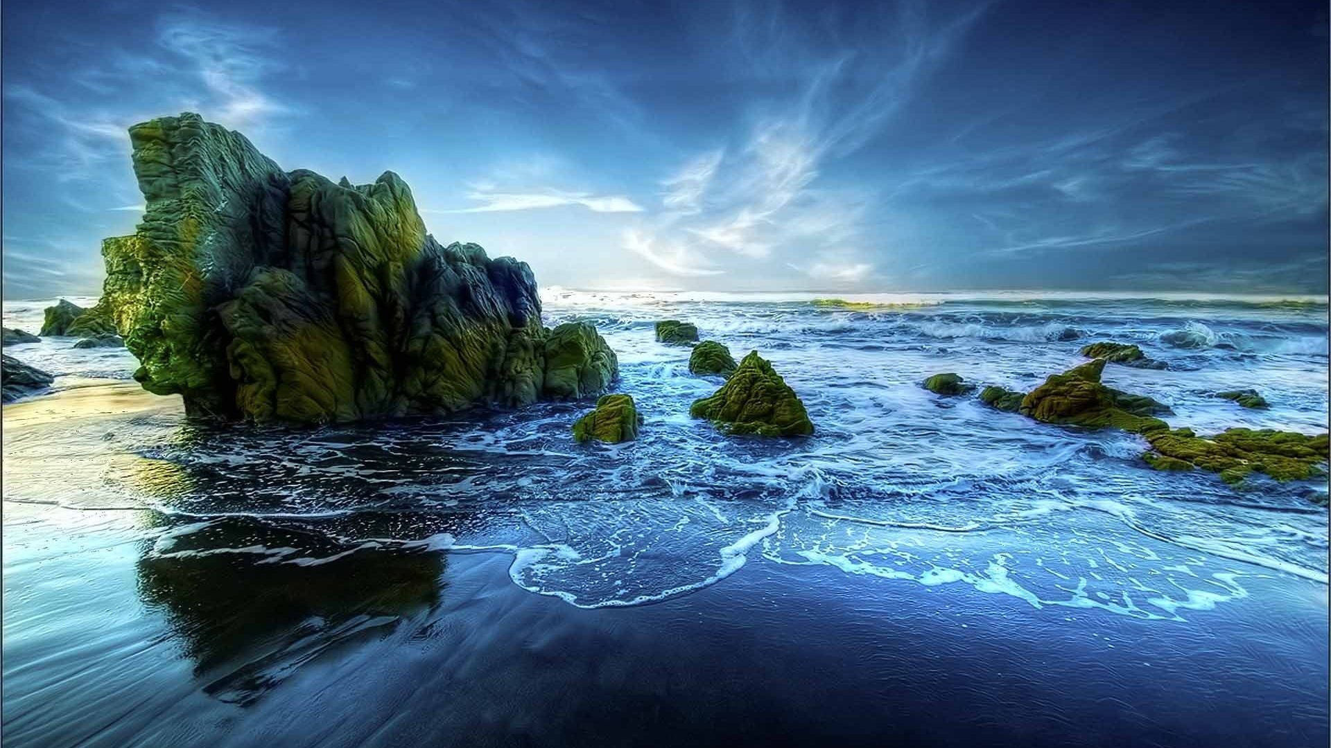 1920x1080 Wave Tag - Beach Peaceful Blue Rocks Sea Beauty Wave Wallpaper Fo...