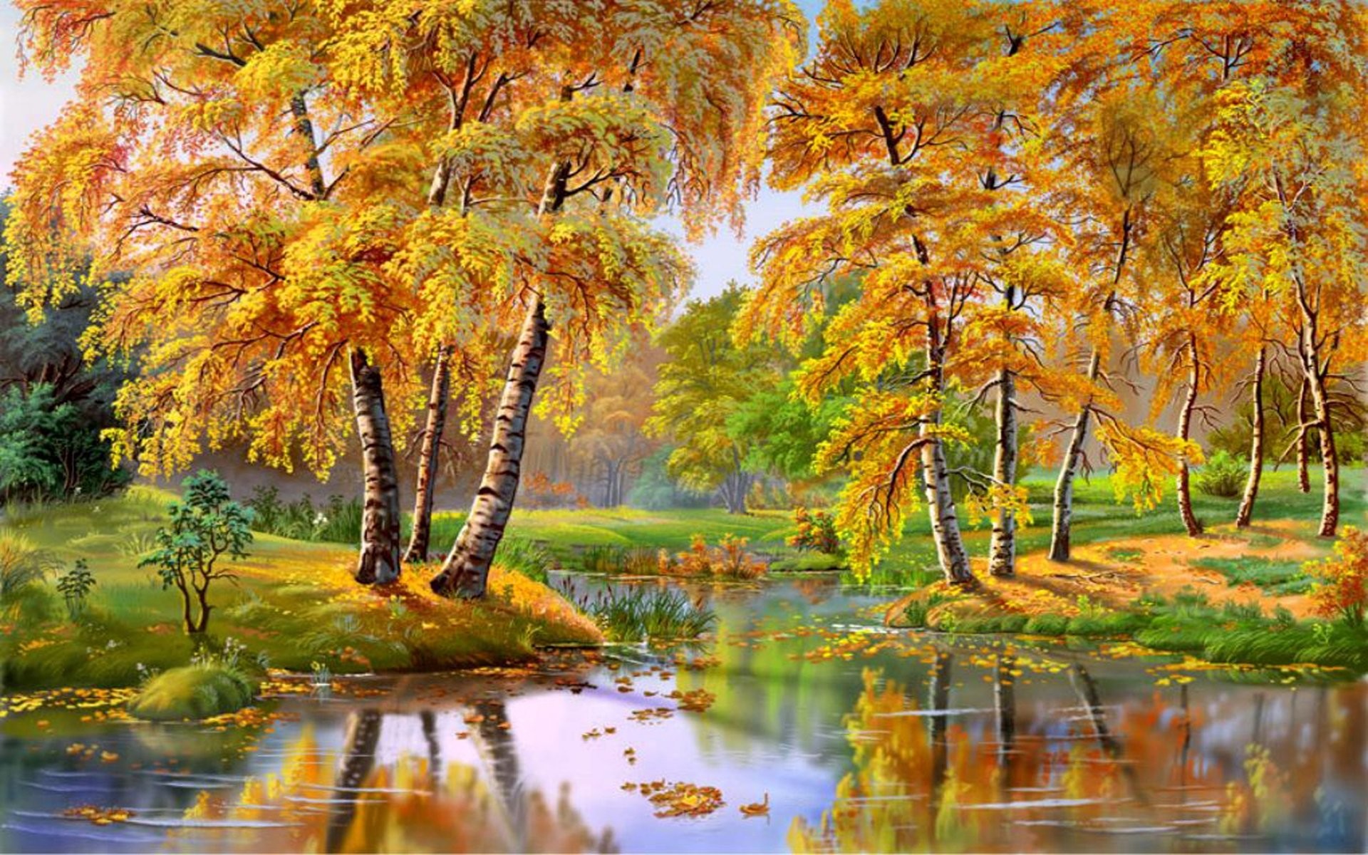 1920x1200 Artistic - Painting Artistic Fall Tree Birch Foliage Pond Wallpaper